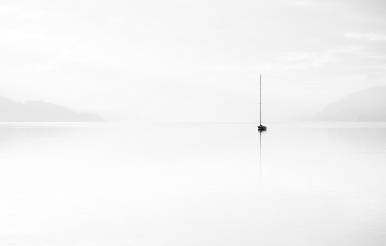 Wallpaper landscape, fog, lake, boat, minimalism image