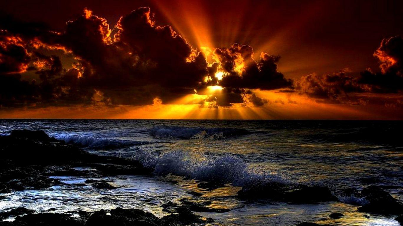 Sun Sea Sunrise Waterscape Clouds Wave Golden Sky Beams