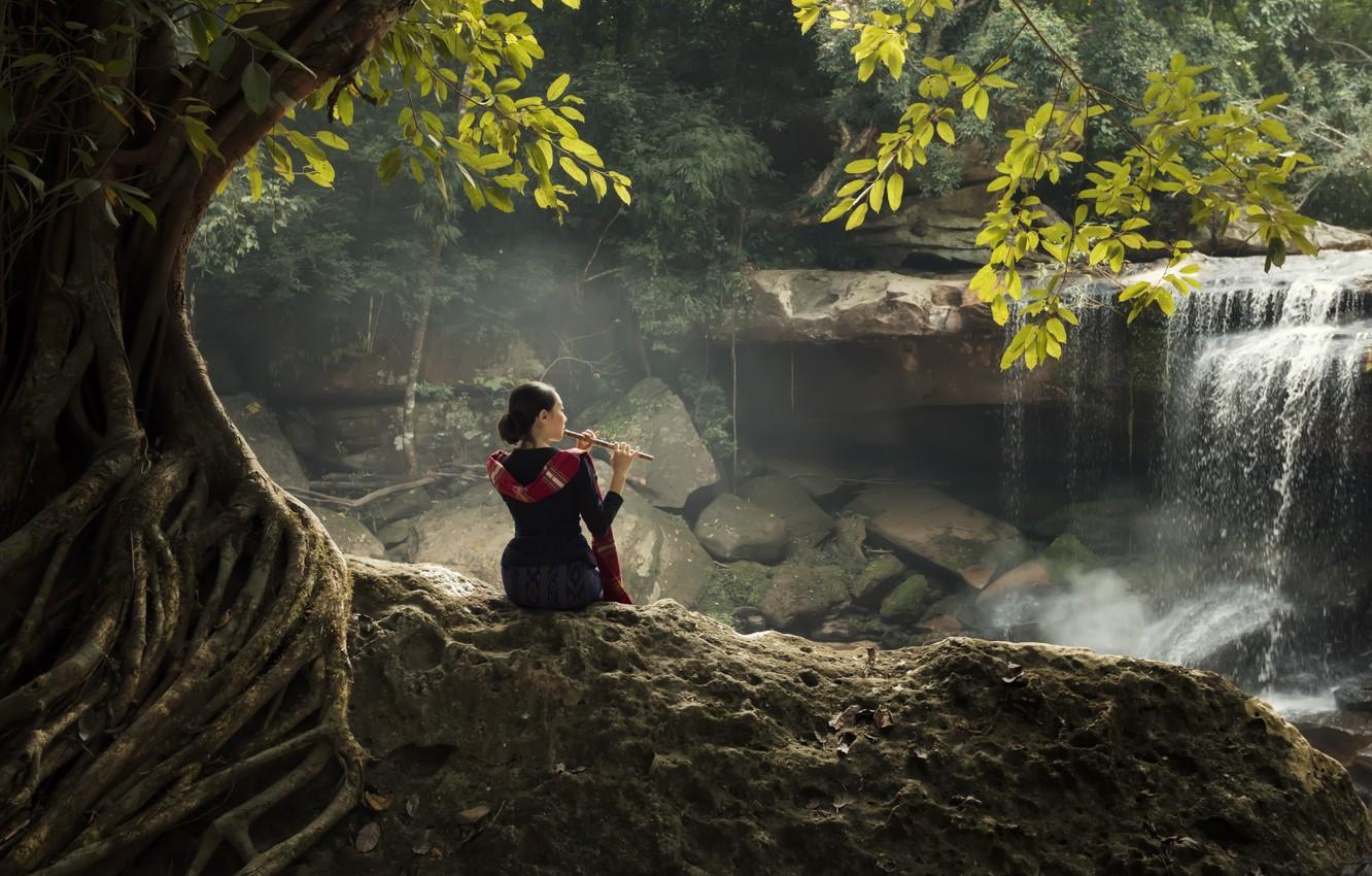 Wallpaper girl, river, flute image for desktop, section