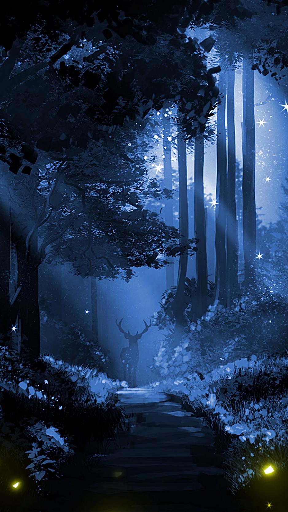 Download wallpaper 938x1668 deer, silhouette, forest, art