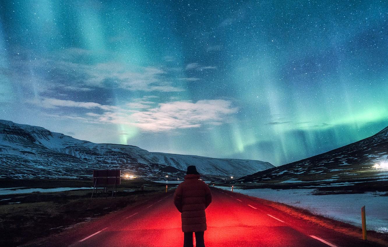Wallpaper road, man, red light, northern lights, aurora