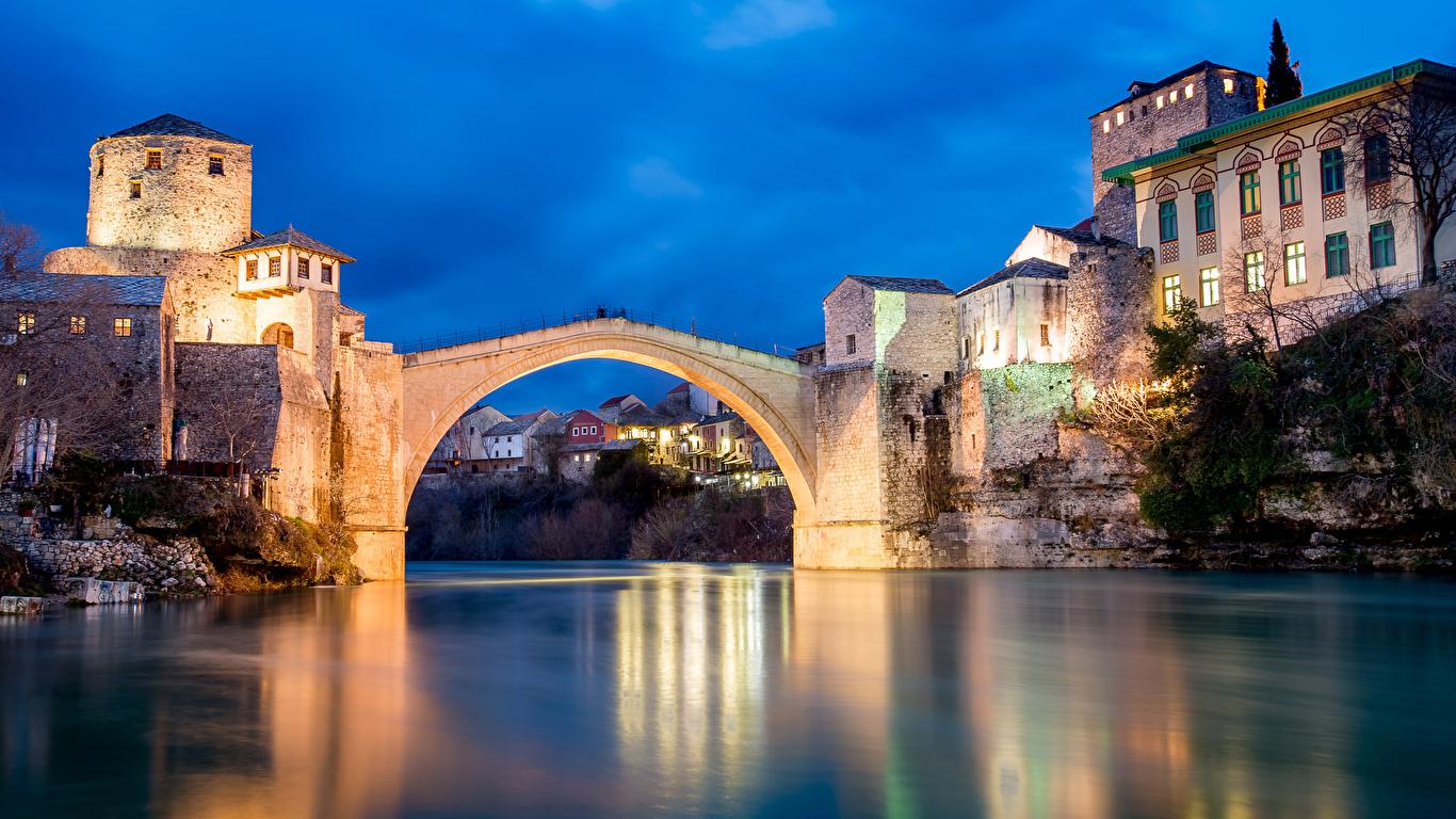 image Bosnia and Herzegovina Mostar bridge Rivers Evening