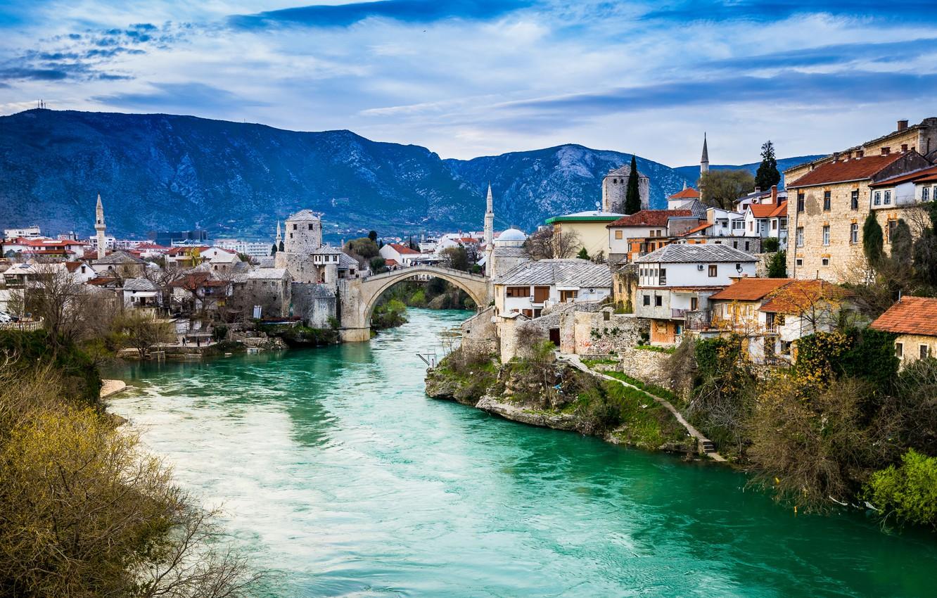Wallpaper mountains, bridge, river, building, home, Bosnia