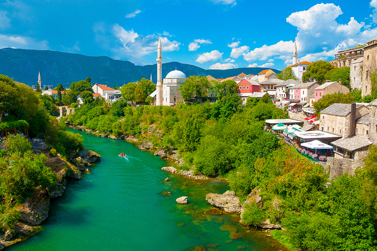 Wallpapers Bosnia and Herzegovina Mostar Rivers Trees Cities.