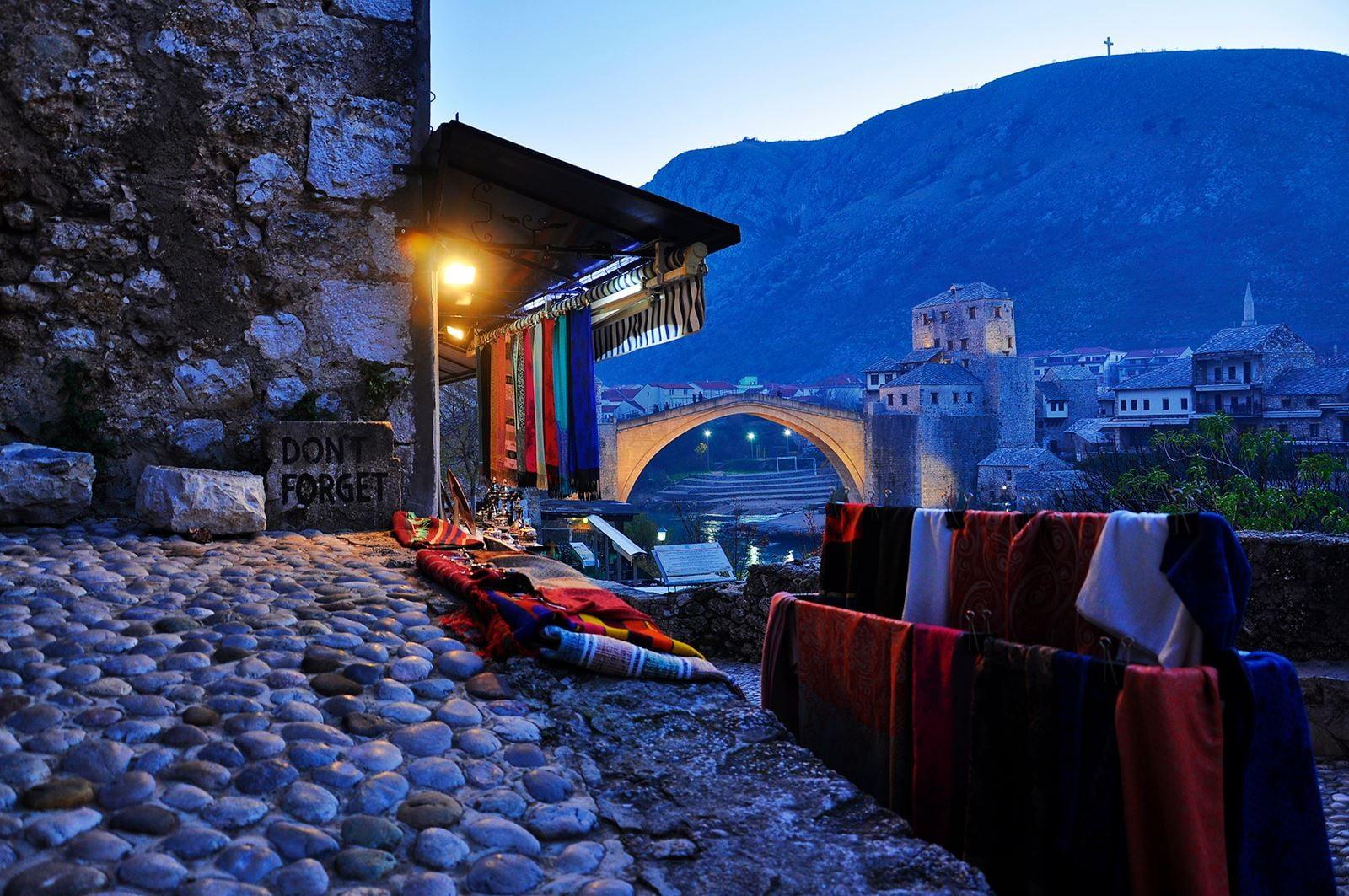 Red textile, Mostar, Bosnia and Herzegovina, old bridge