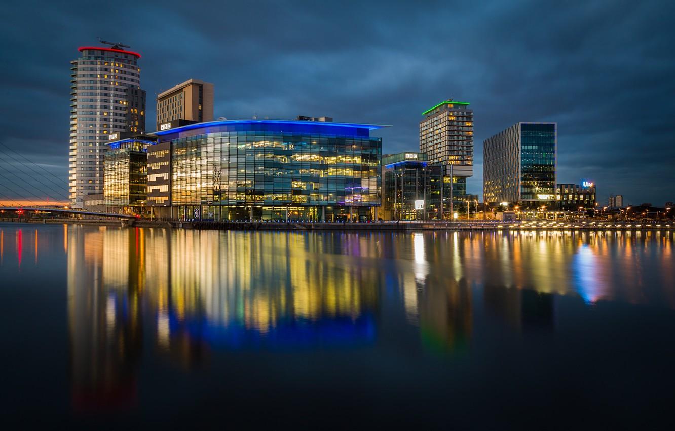 Wallpaper lights, England, night city, skyline, Manchester