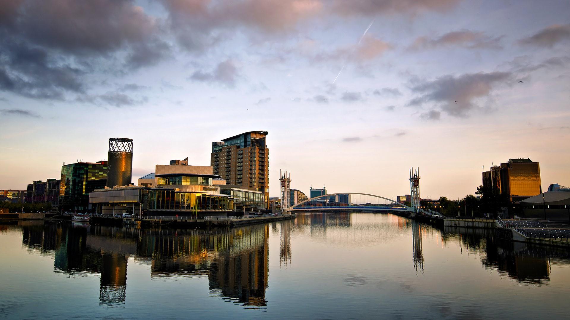 Lowry Theatre and bridge reflections at sunset, Salford