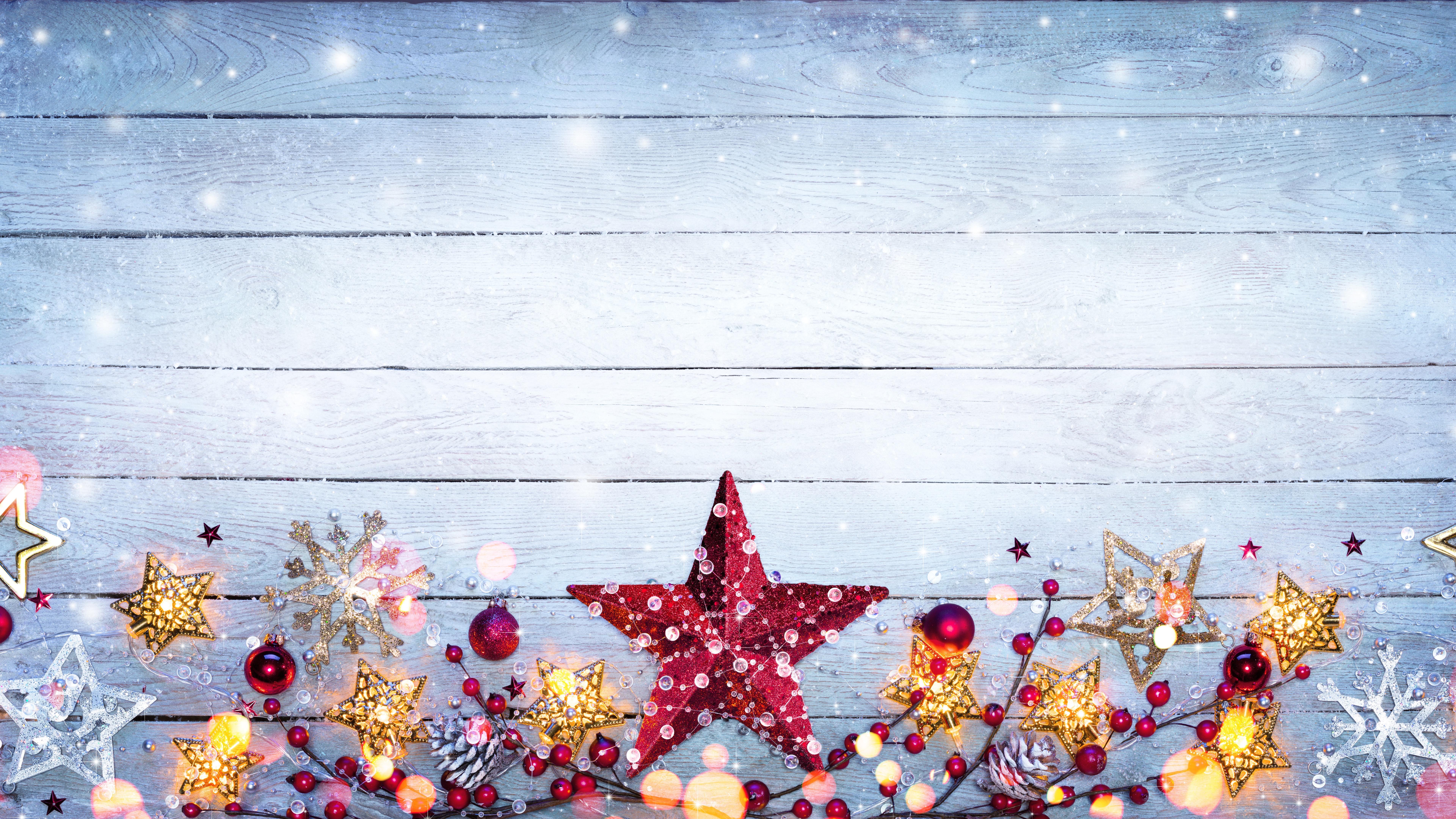 Wallpaper Merry Christmas, stars, berries, snowflake, decoration 7680x4320 UHD 8K Picture, Image