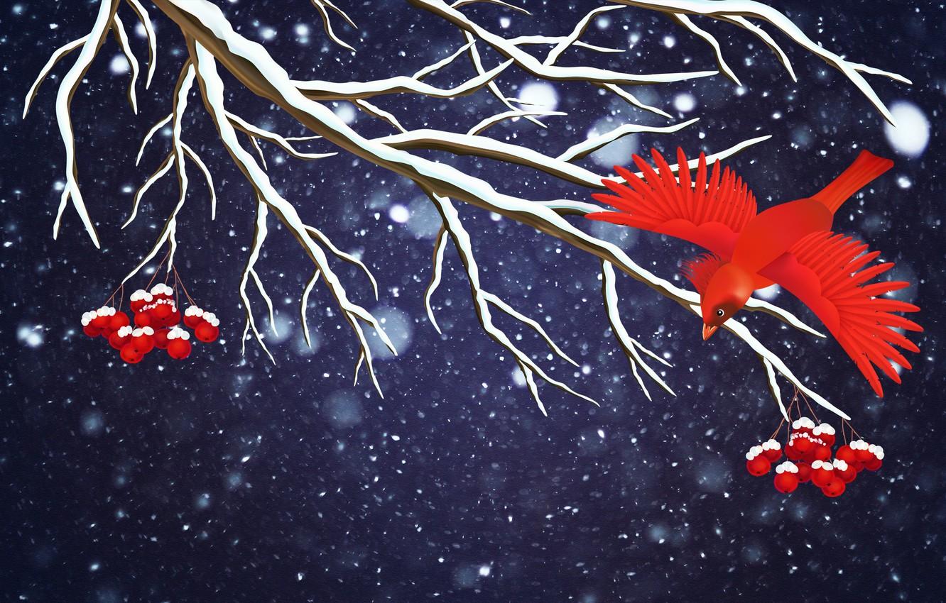 Wallpaper Winter, Minimalism, Bird, Snow, Branch, Snowflakes