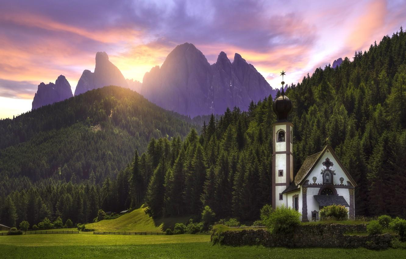 Wallpaper forest, sunset, mountains, meadow, Italy, Church