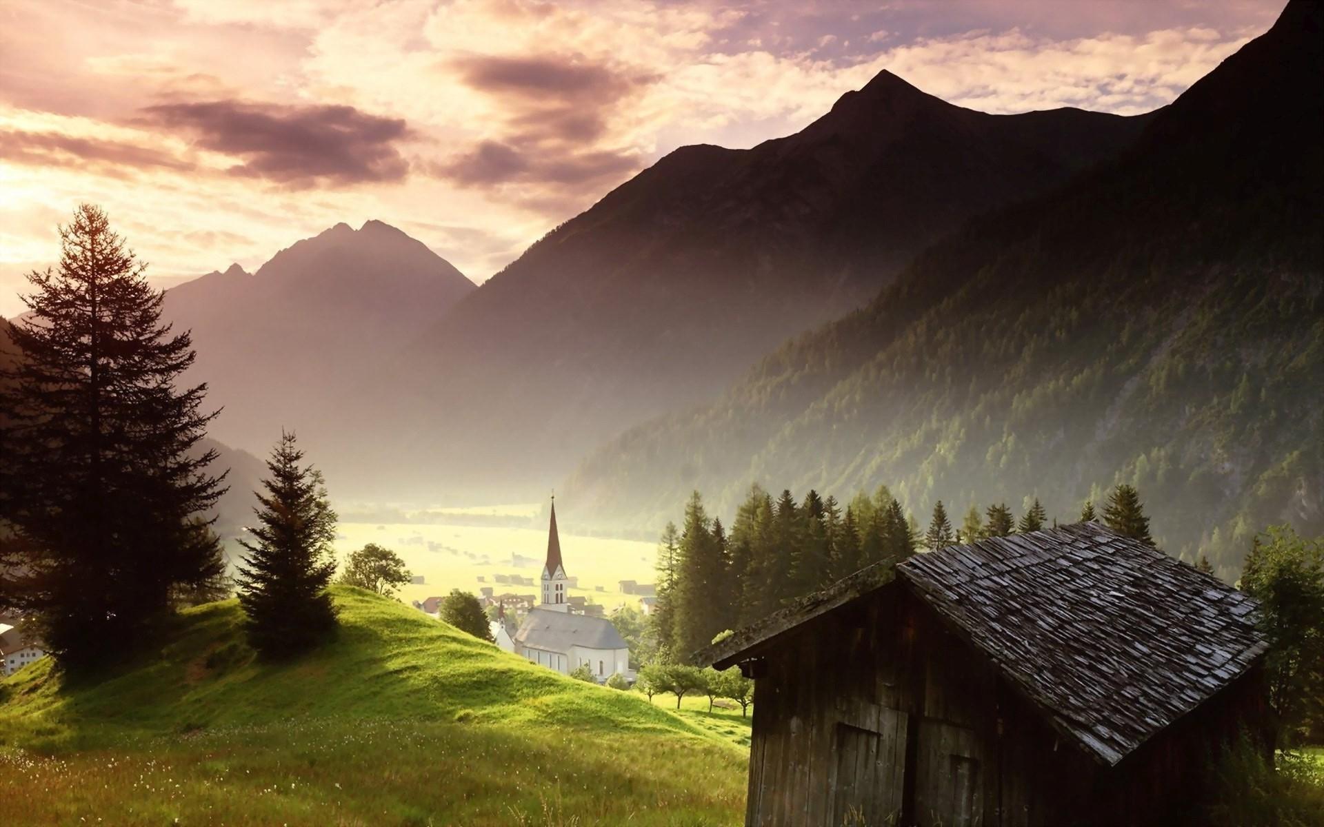 nature, Landscape, Sunrise, Hut, Church, Mountain, Mist