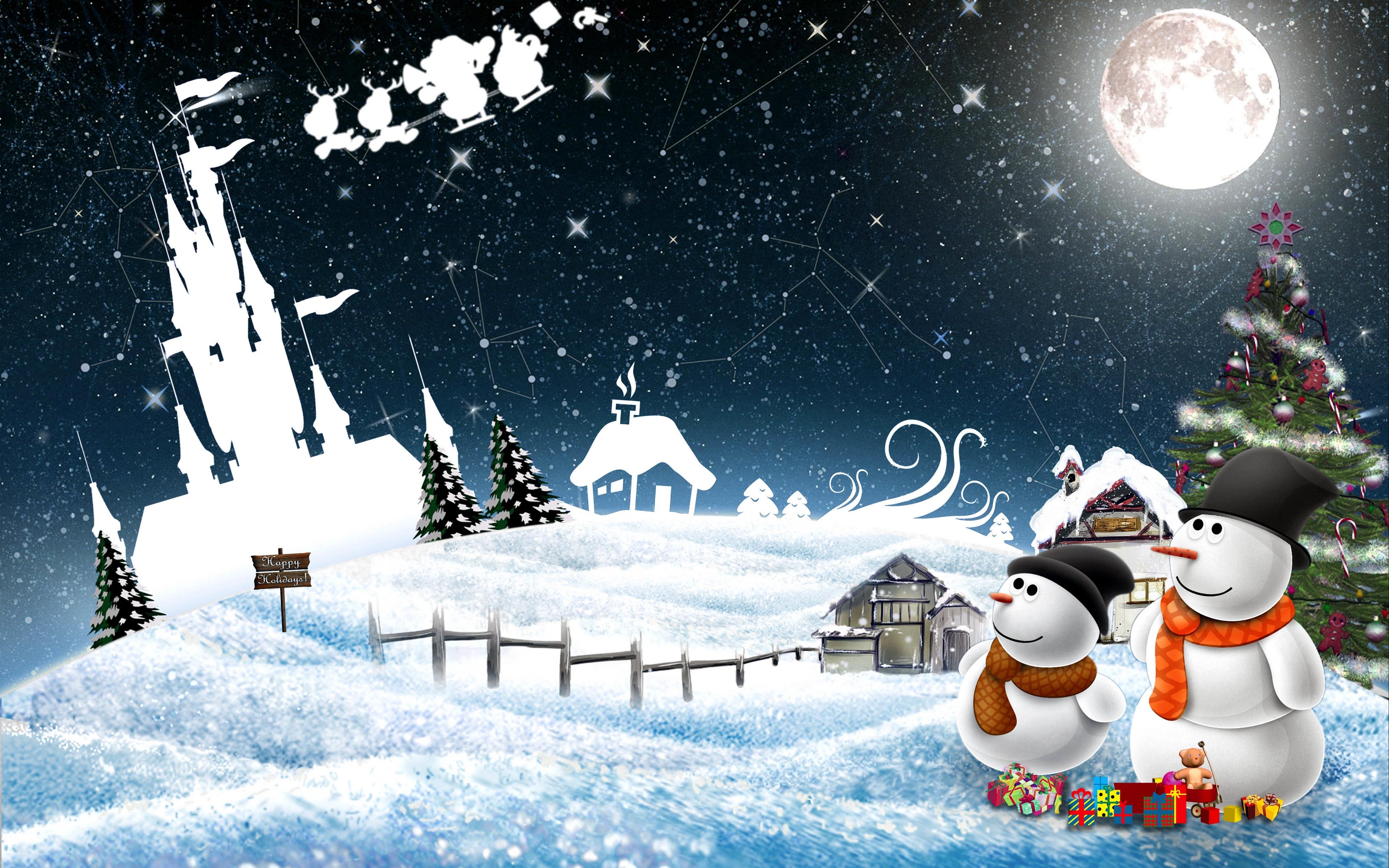 Download wallpaper 3840x2400 new year, snowmen, night