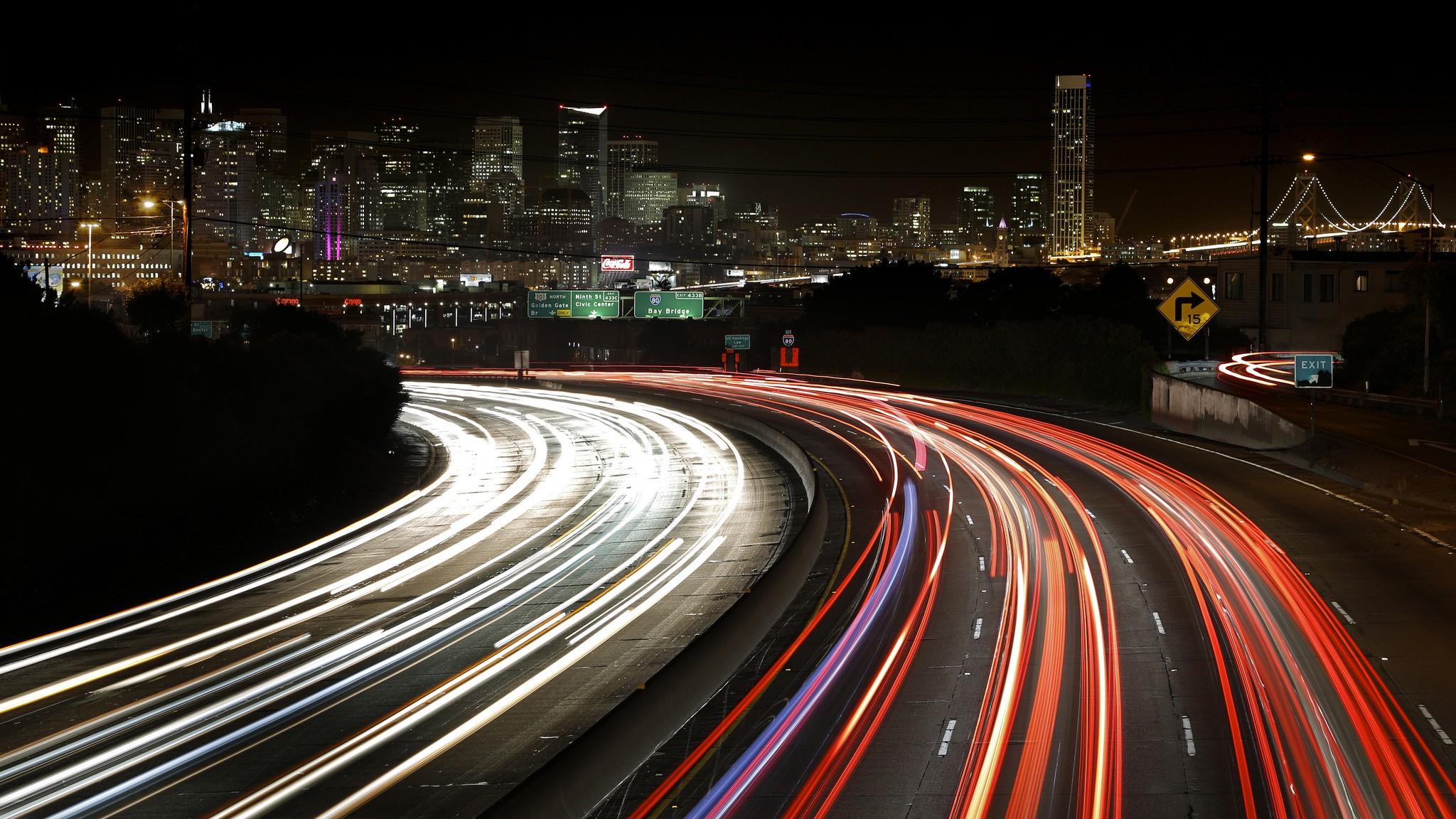 cityscapes, skylines, night, lights, California, traffic