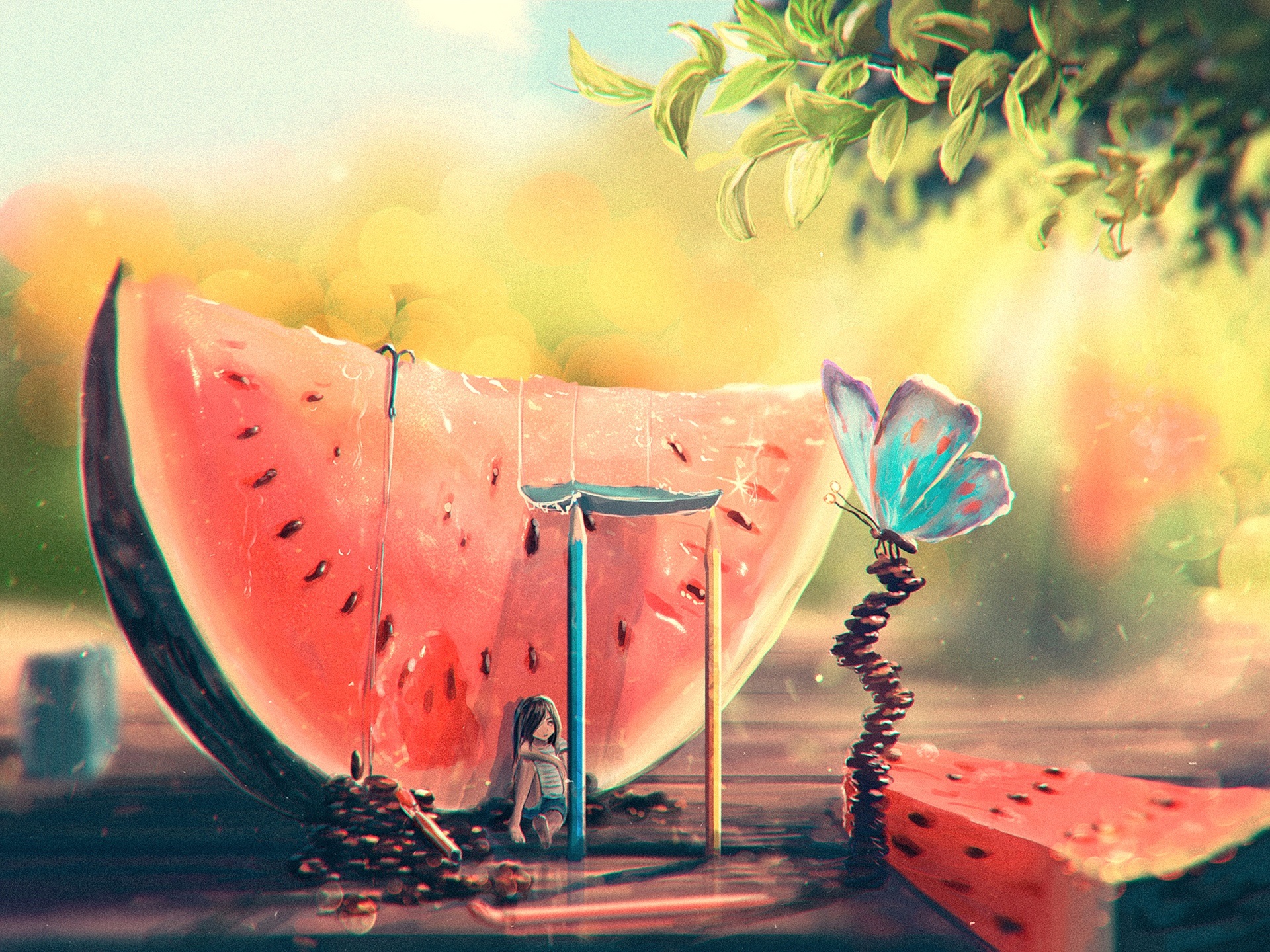 Wallpaper Summer, watermelon, girl, butterfly, art painting