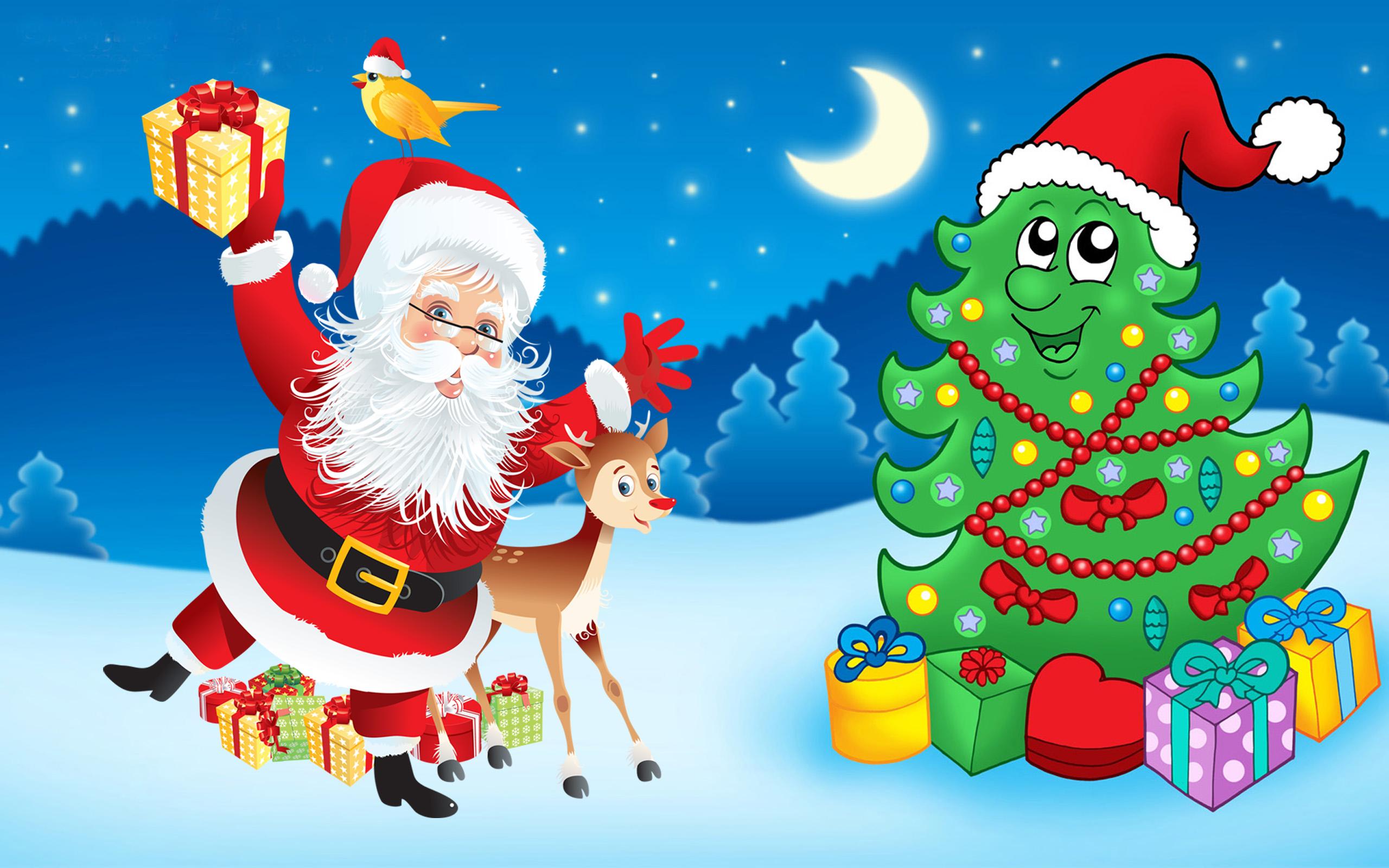 Santa Claus Christmas Tree Decorations Gifts Cartoon Christmas Wallpaper HD 2560x1600, Wallpaper13.com