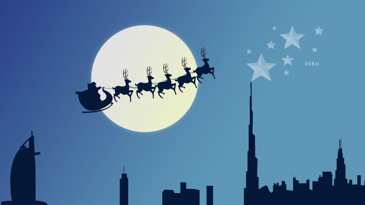 Wallpaper Reindeer Chariot, Santa Claus, Christmas Eve, Moon