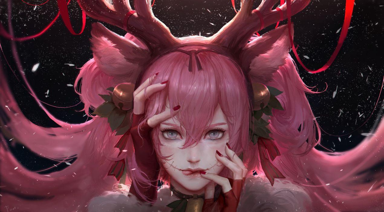 Anime Girl Christmas Pink Hair Semi Realistic Petals Deer Horns