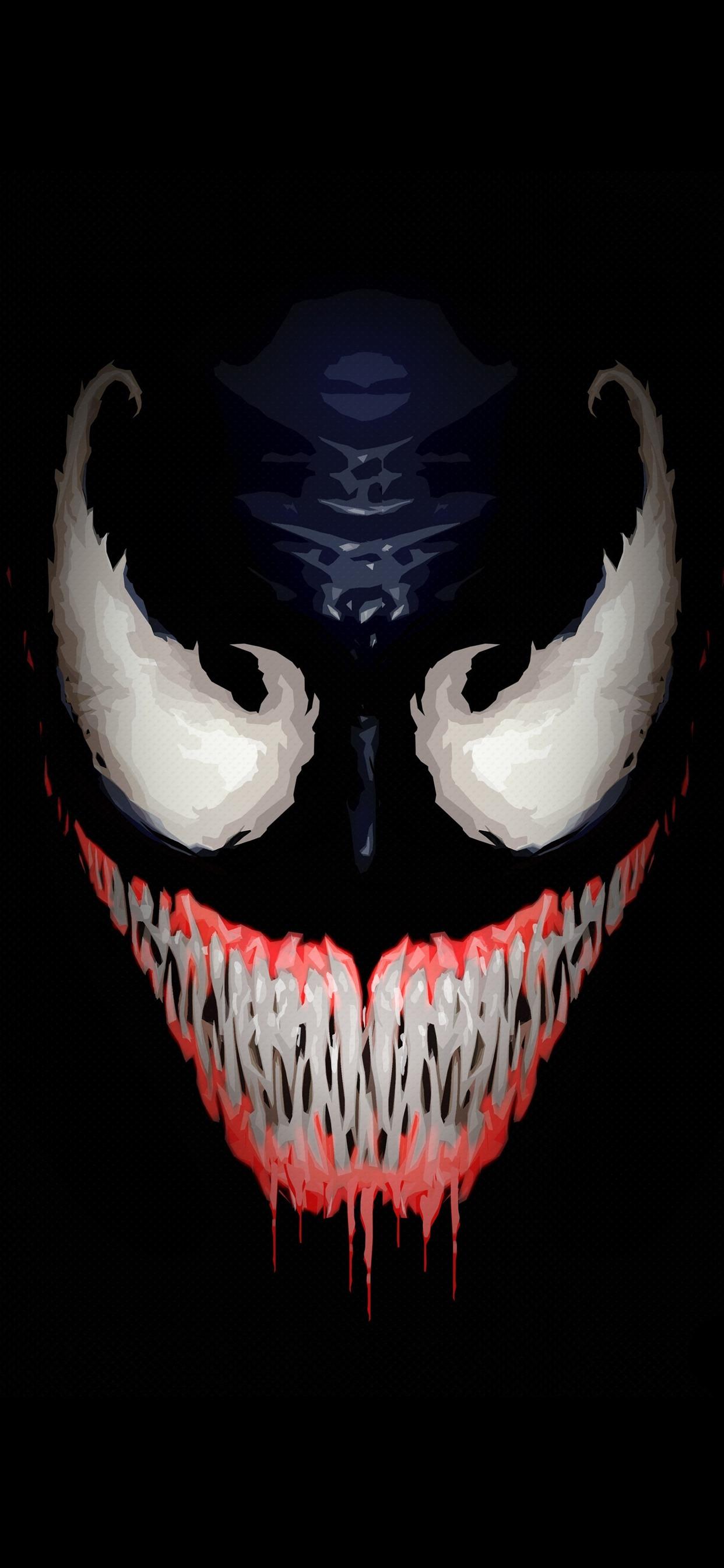 Wallpaper Venom, face, teeth, black background, art picture