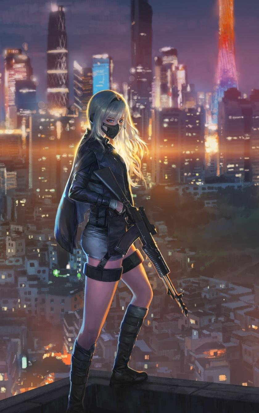 Download 840x1336 wallpaper sniper girl, cityscape, anime