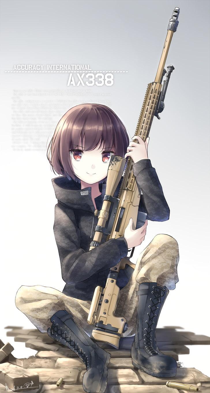 HD wallpaper: anime, anime girls, gun, weapon, sniper rifle, short hair, brunette