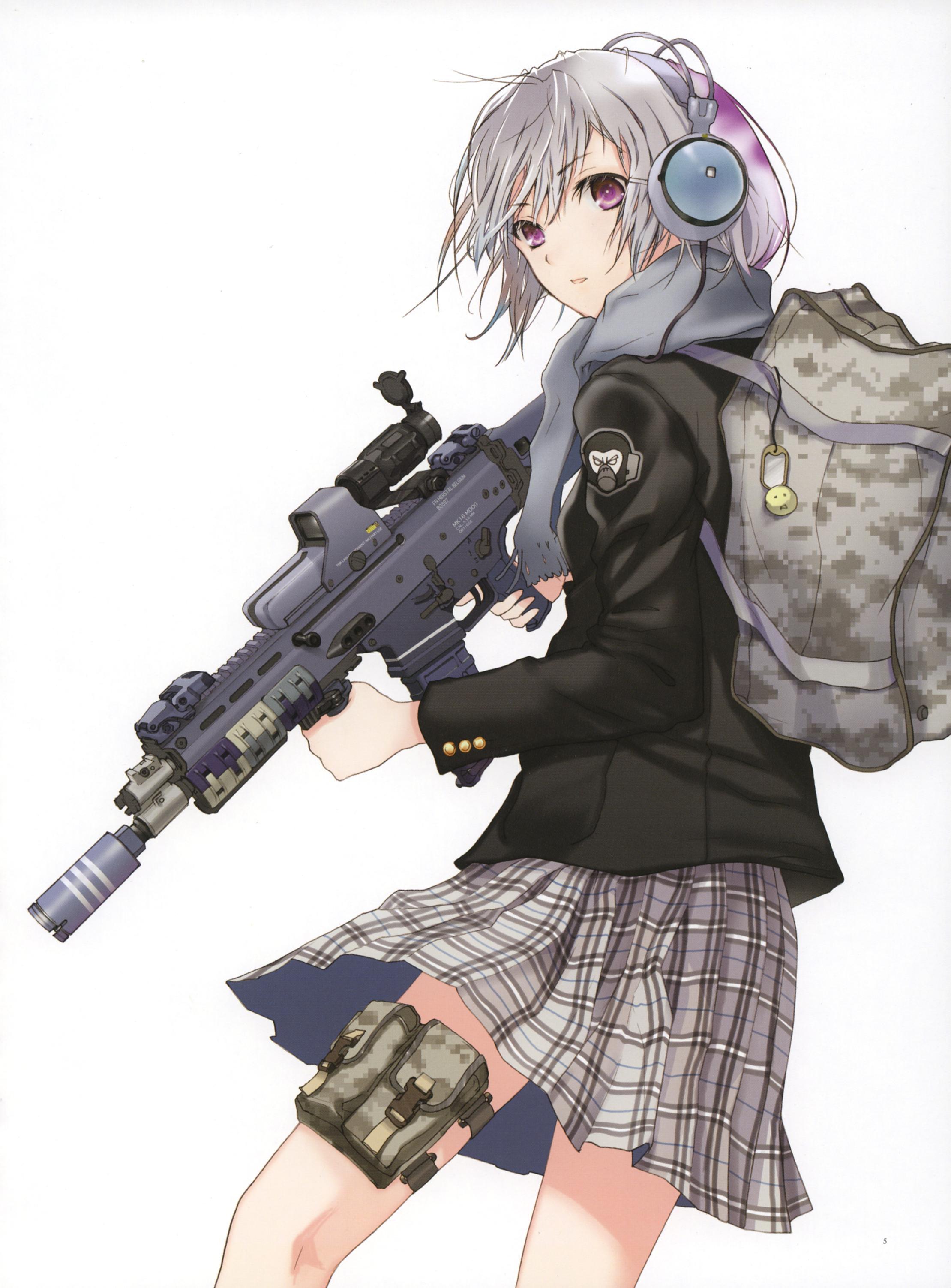 headphones, skirts, weapons, Fuyuno Haruaki, assault rifle