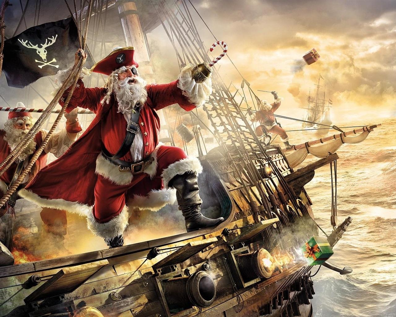 Santa Claus, pirate, ship, gifts, sea, art picture 640x960