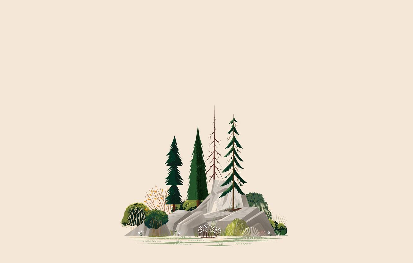 Wallpaper rock, trees, minimalism, illustration, Forest, simple background image for desktop, section минимализм