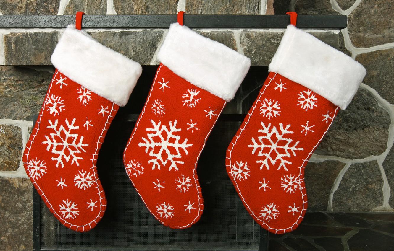 Wallpaper red, holiday, Christmas, socks, fireplace, decor