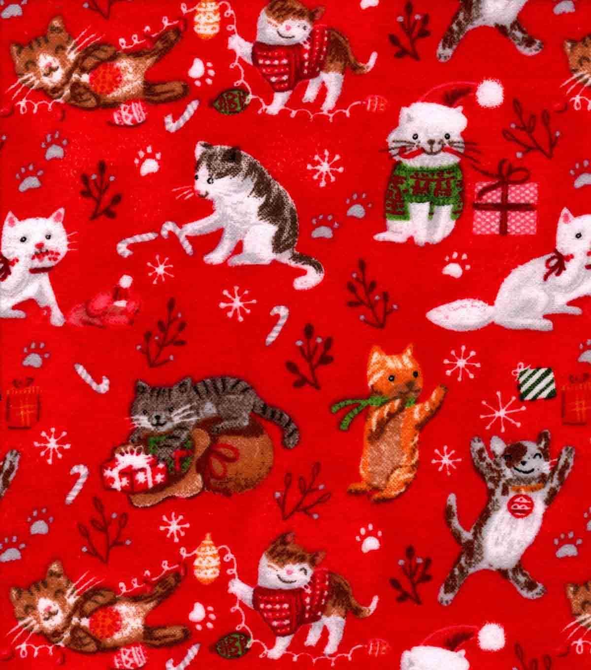 Christmas Snuggle Flannel Fabric Holiday Kitties On Red