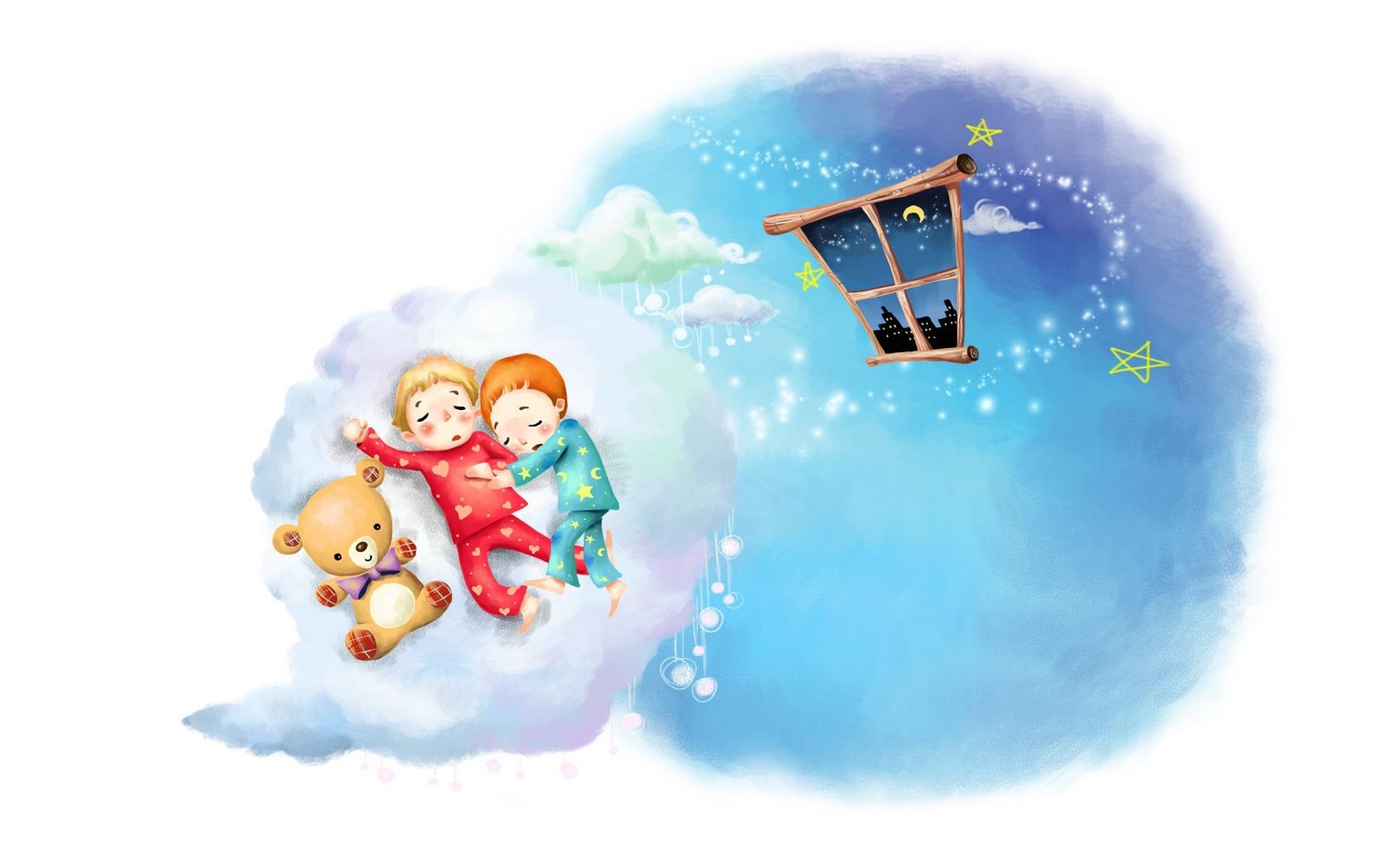 Download wallpaper 1680x1050 drawing, clouds, kids, sleep