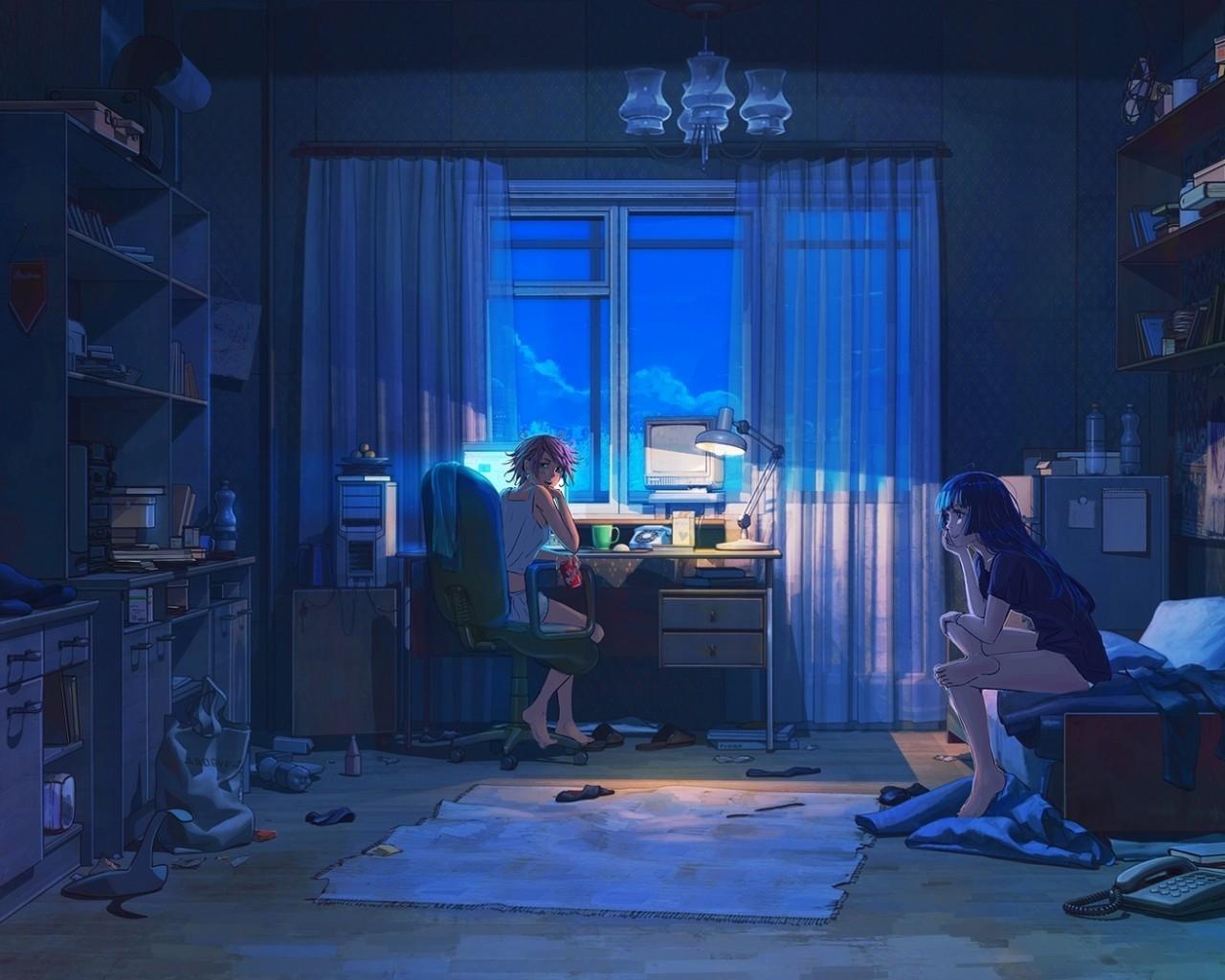 Download 1280x1024 Anime Girl, Room, Night, Computer, Summer