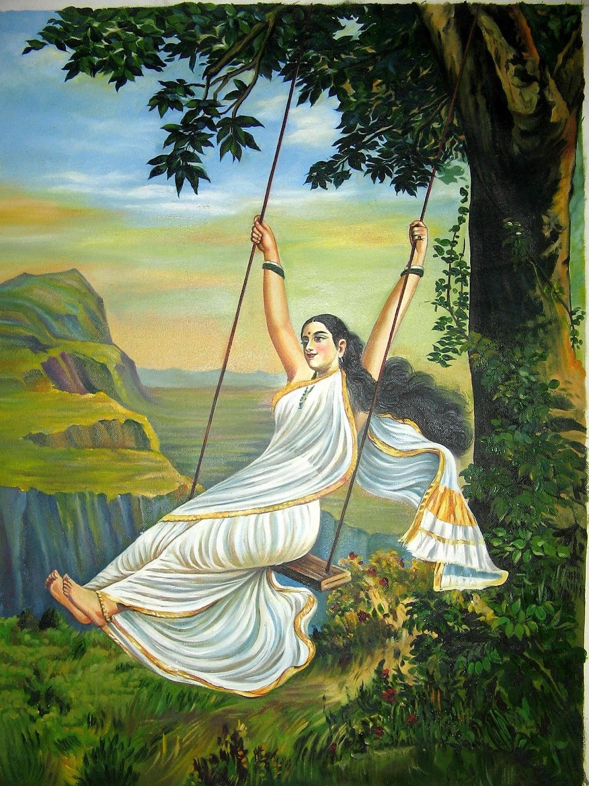 Indian Woman Painting Wallpaper Ravi Varma Nature