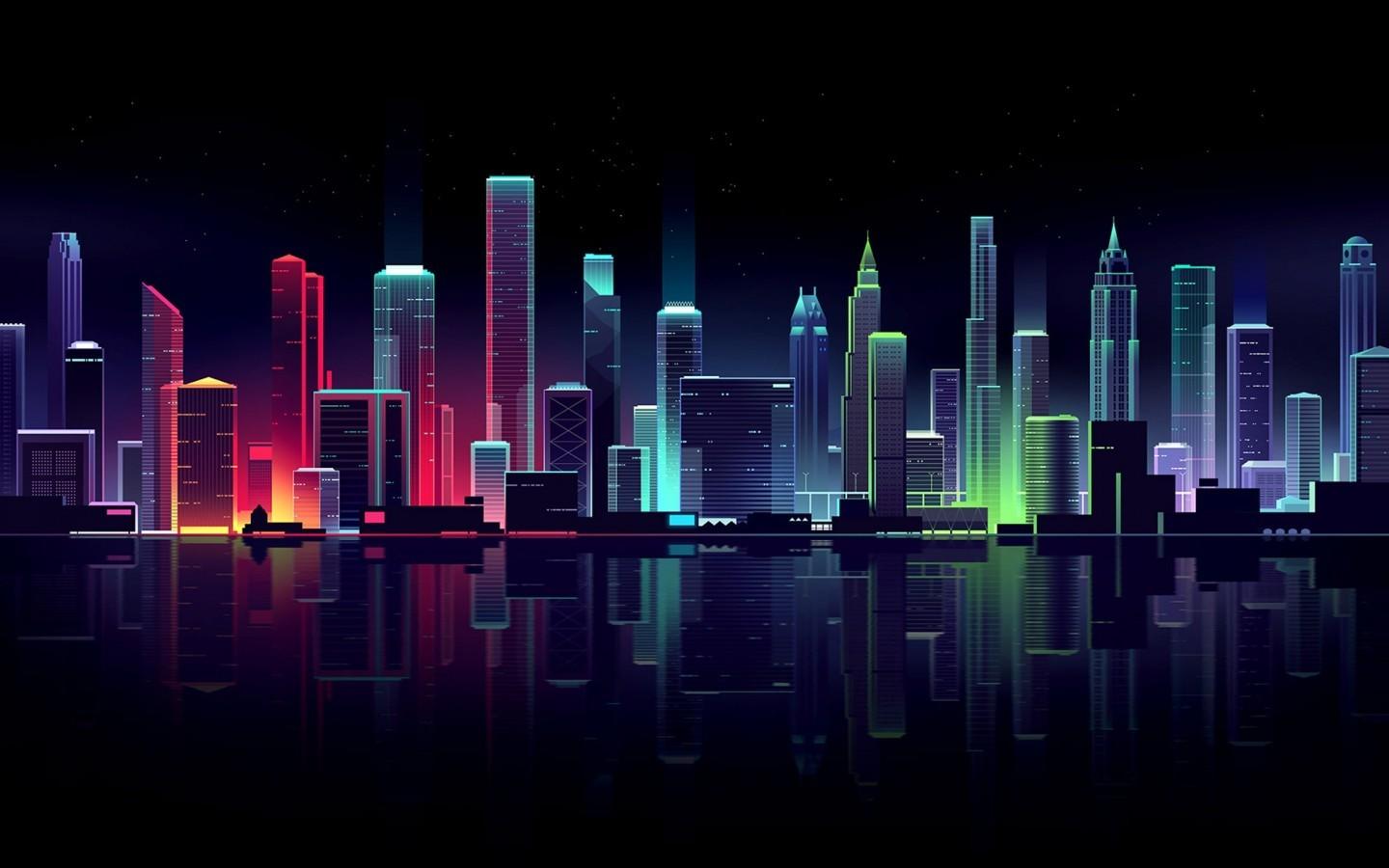 Download 1440x900 Cityline, Skyscrapers, Night, Digital Art