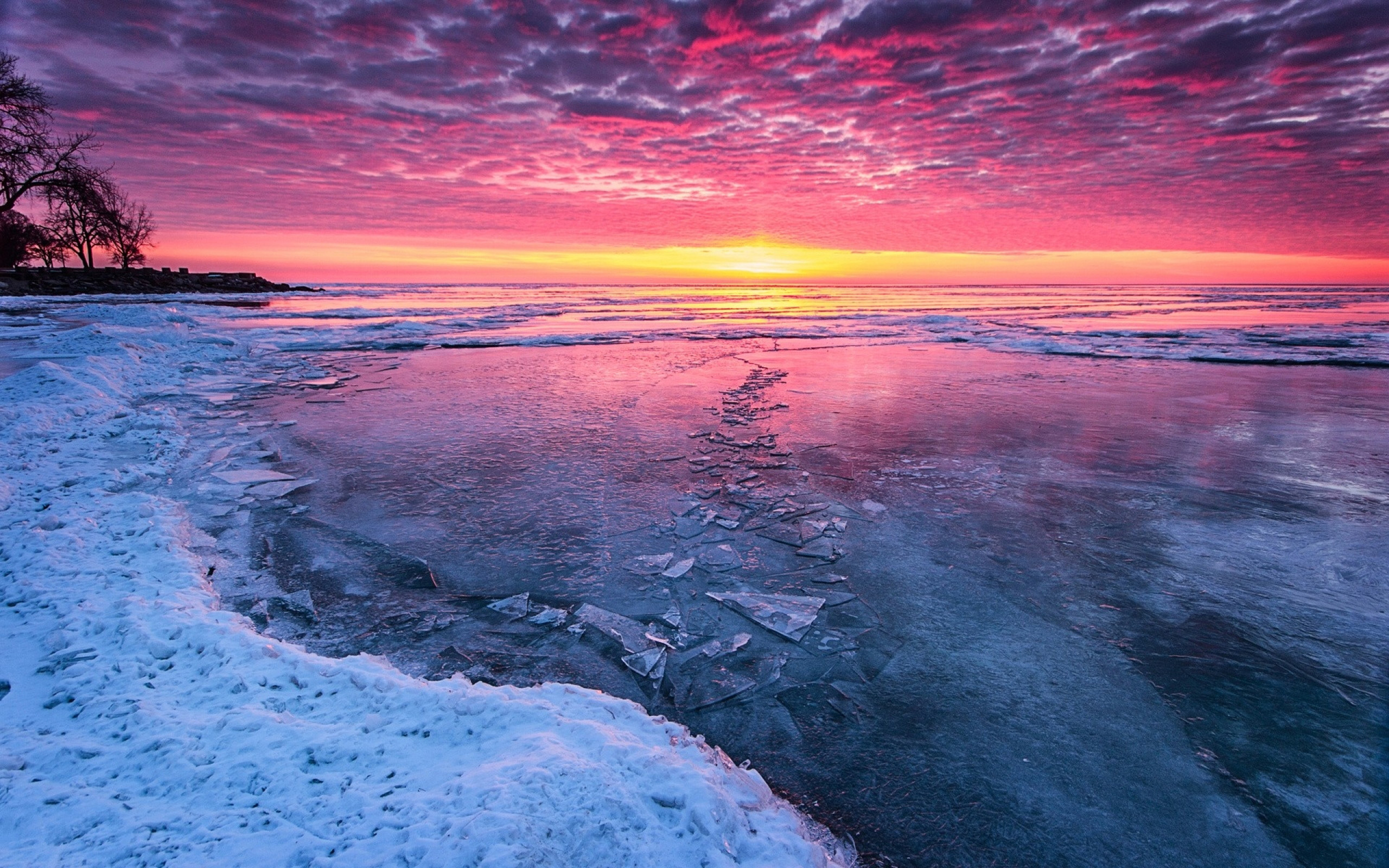 Ice Frozen Lake Sunset Burning Sky Free Wallpaper HD