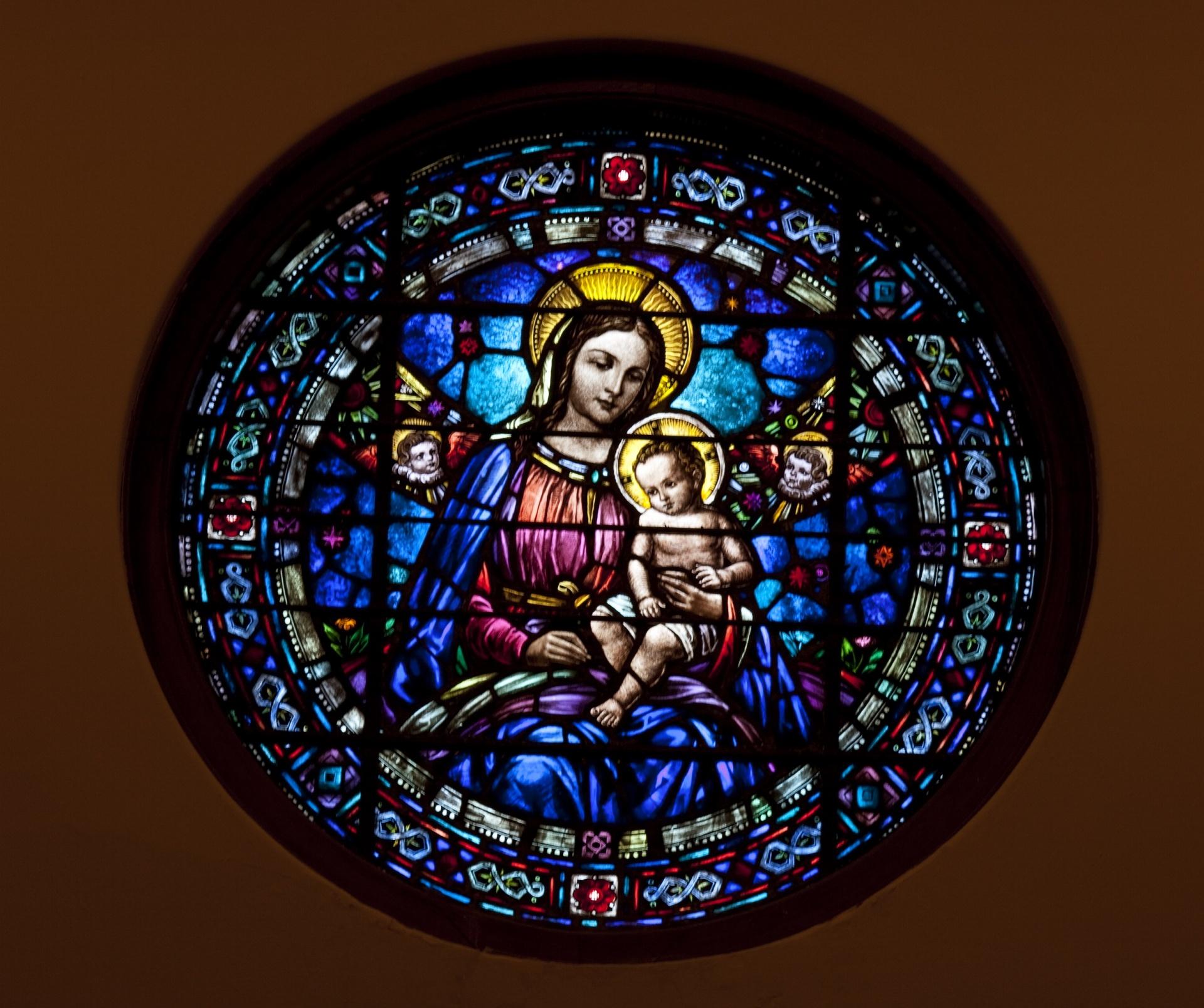 Stained glass, window, virgin mary, baby jesus, church
