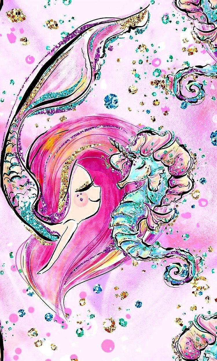 A pink mermaid and blue seahorse playing in the water offers