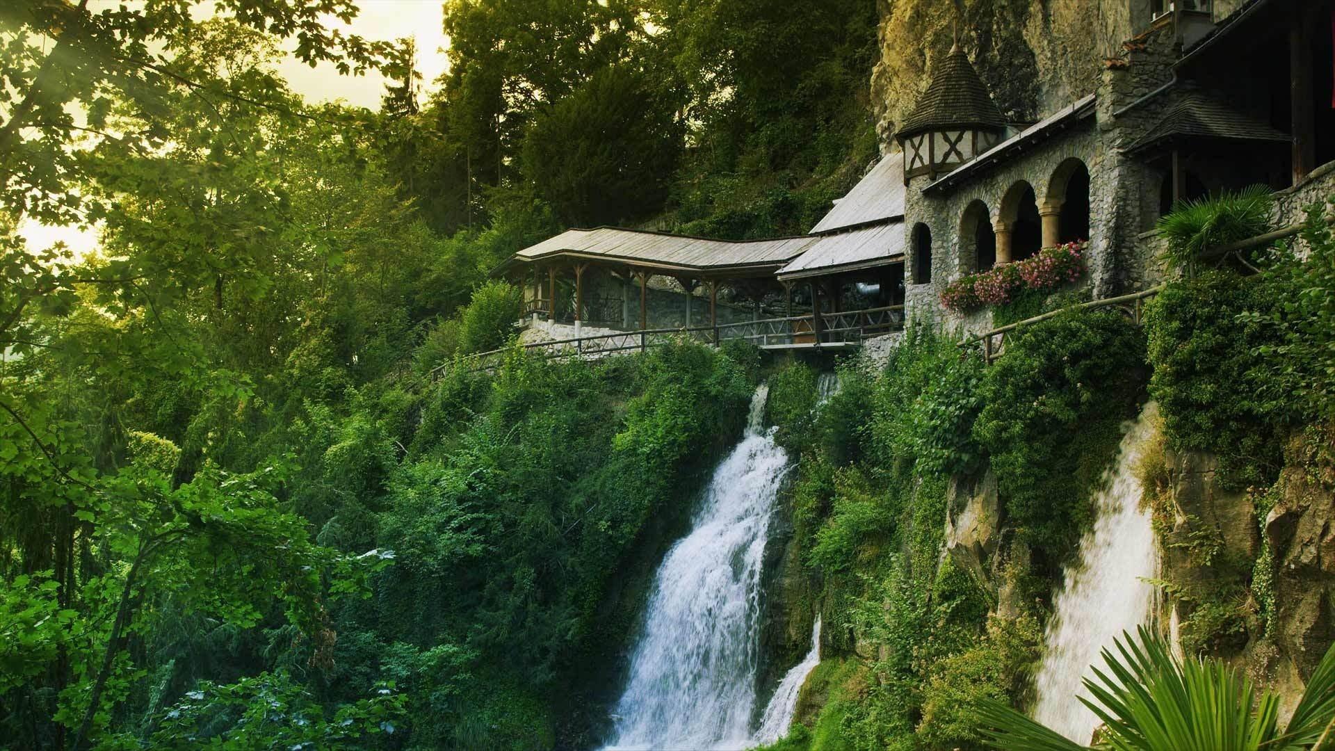 #arch, #waterfall, #rock, #trees, #Switzerland, #old
