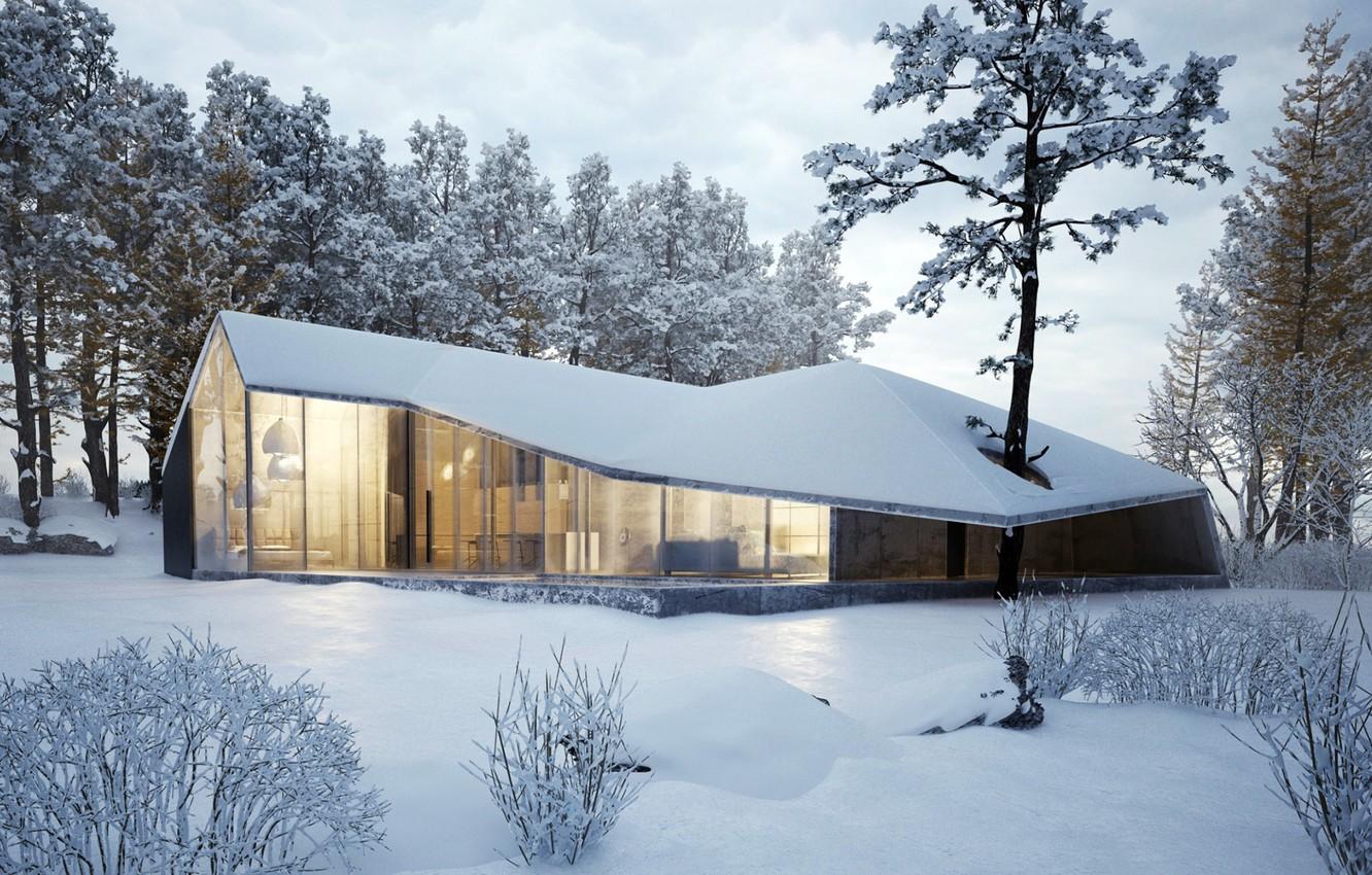 Wallpaper winter, snow, trees, house, house, forest, architecture, cottage, modern, winter, modern, cottage, modern design, Architecture image for desktop, section природа