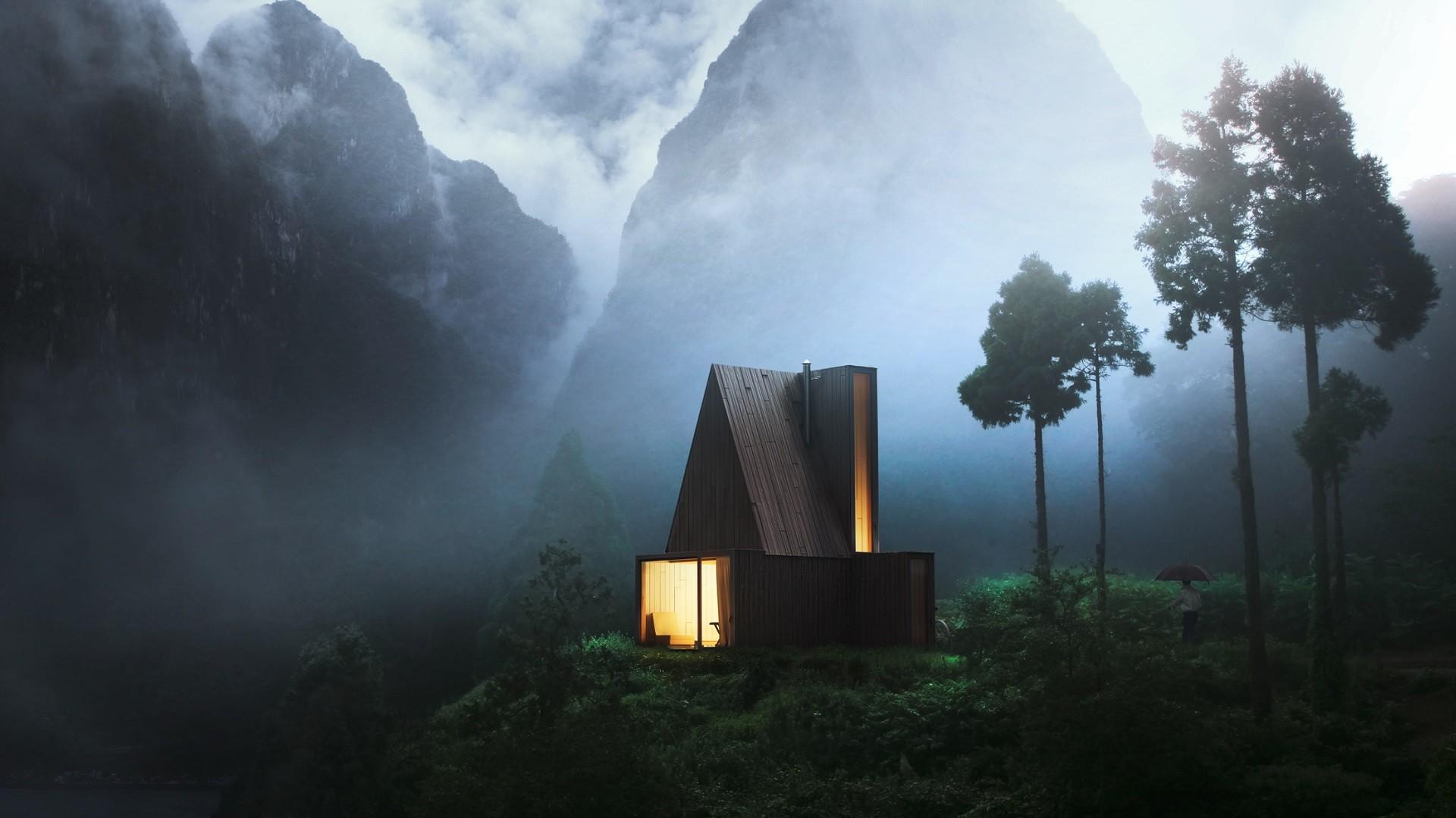 Modern Architecture Wood Cabin House in Nature Mountains