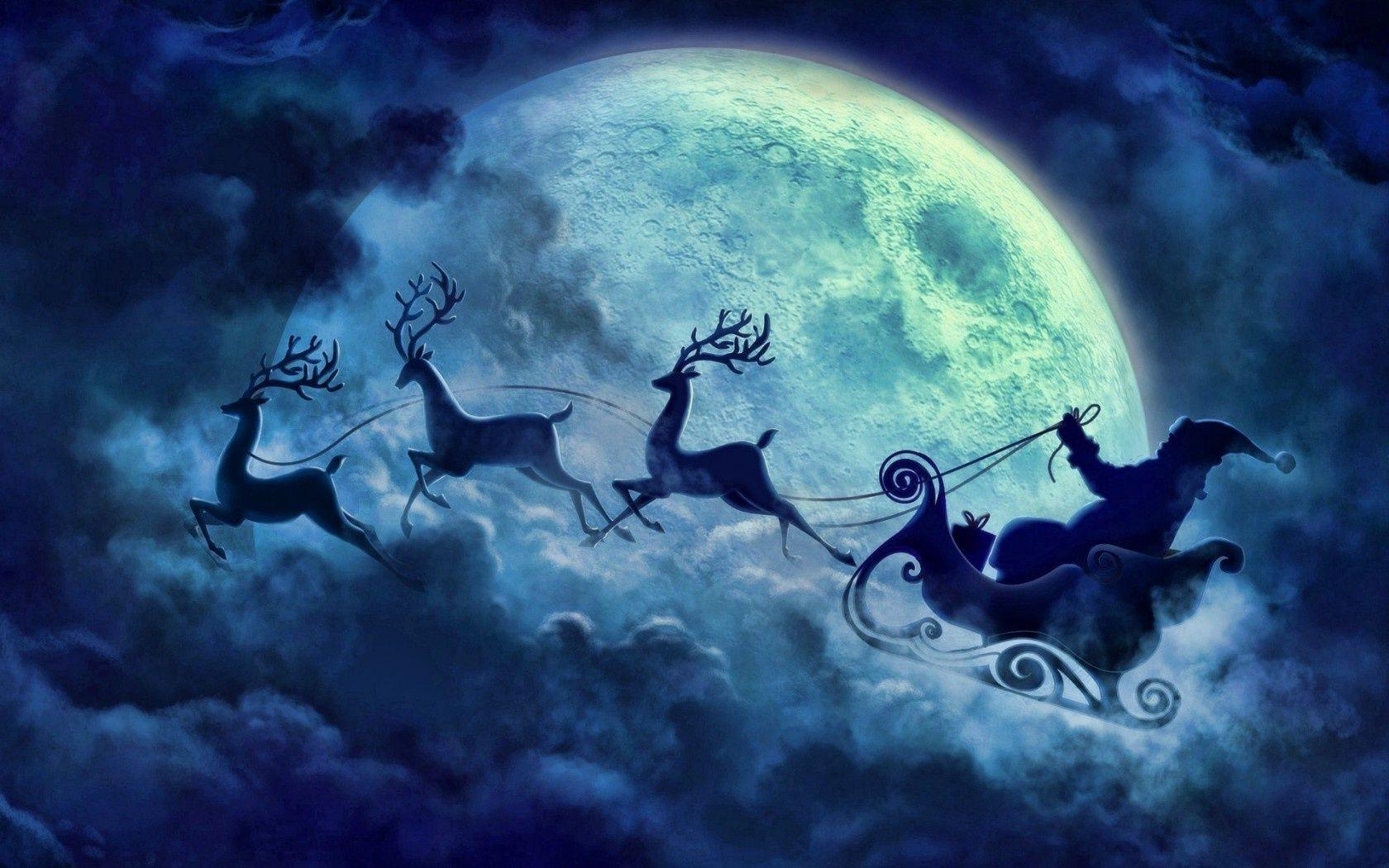 Night blue cloud flying reindeer moon santa christmas