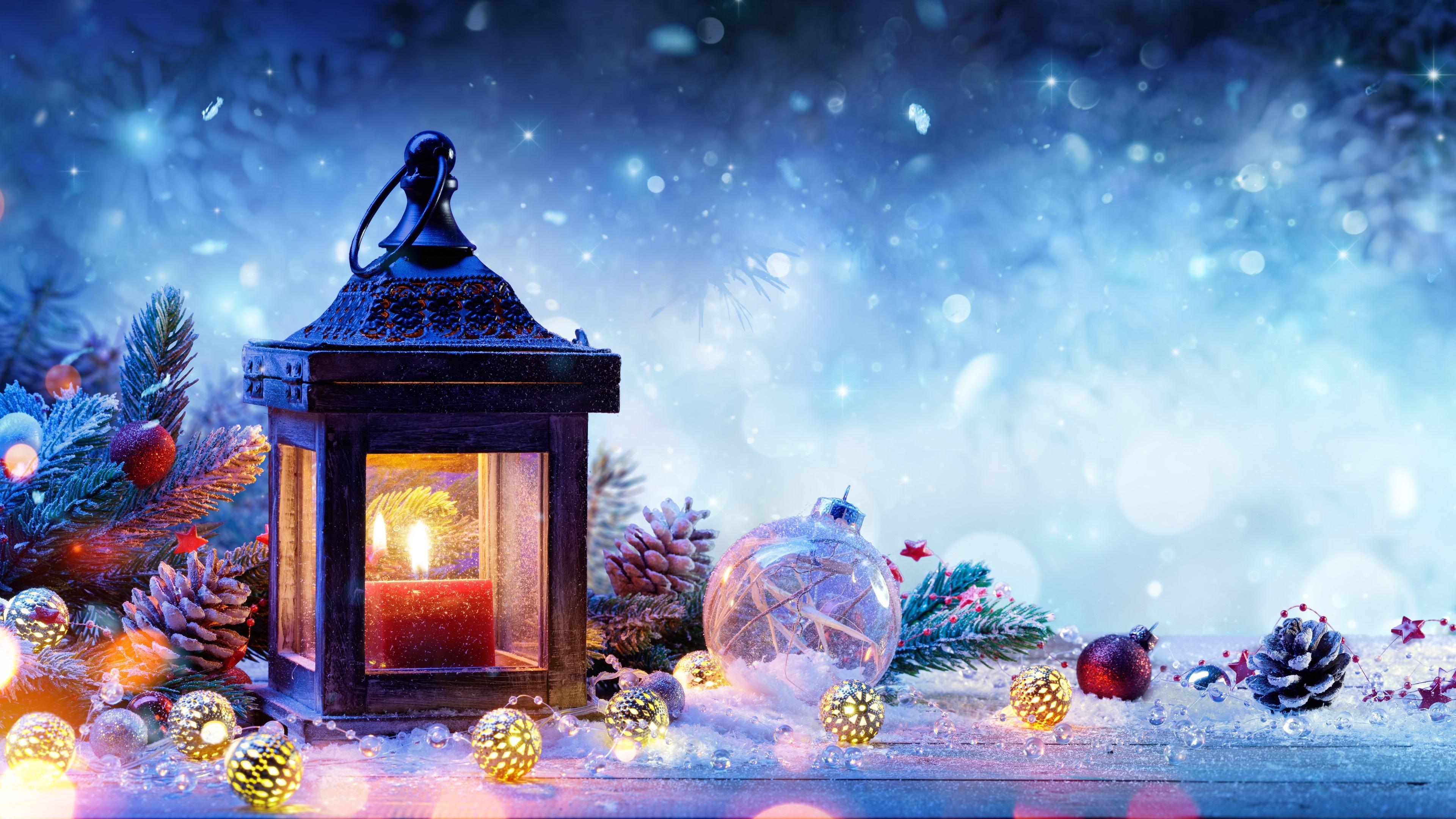 Wallpaper Christmas decorations, spruce, snow, lamp, balls
