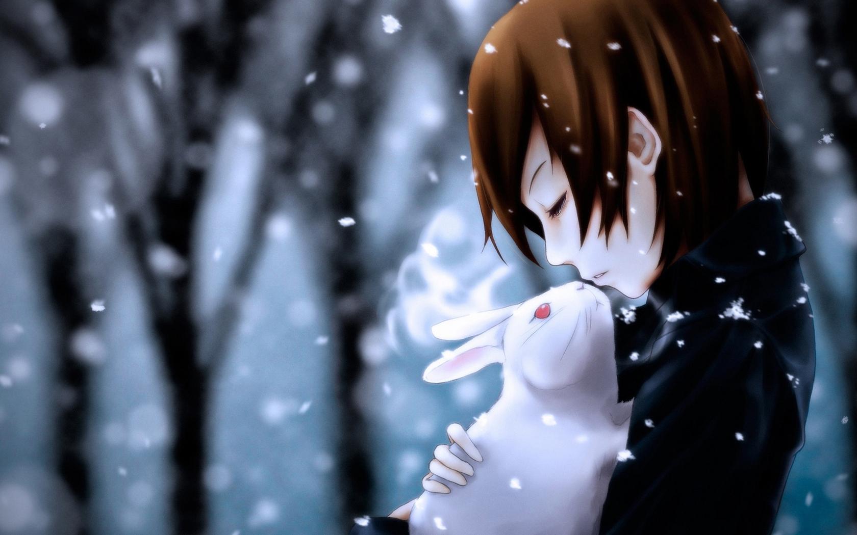Anime Girl Rabbit And Snow wallpaper