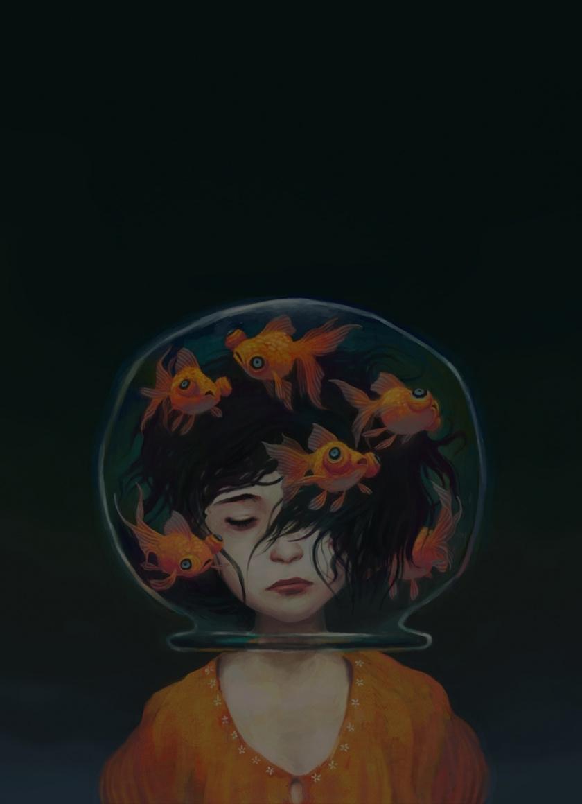 Download 840x1160 wallpaper surreal, girl's head in fish