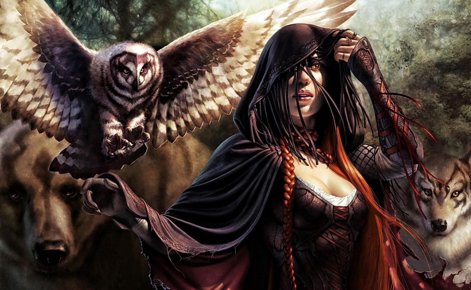 Woman with owl painting HD wallpaper