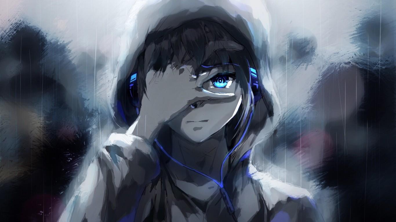 Download 1366x768 Anime Boy, Hoodie, Blue Eyes, Headphones