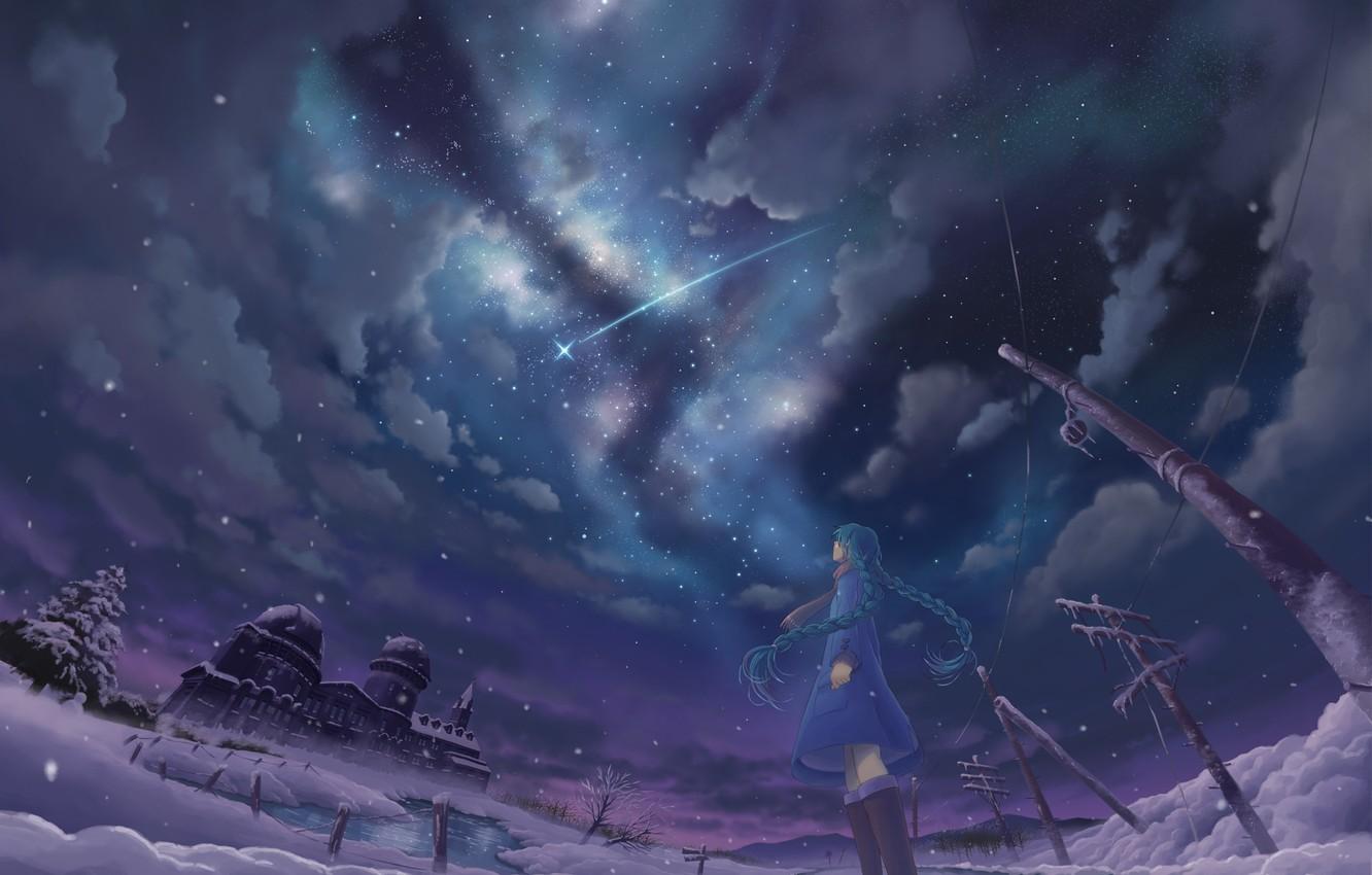 Wallpaper winter, the sky, girl, stars, clouds, night, posts
