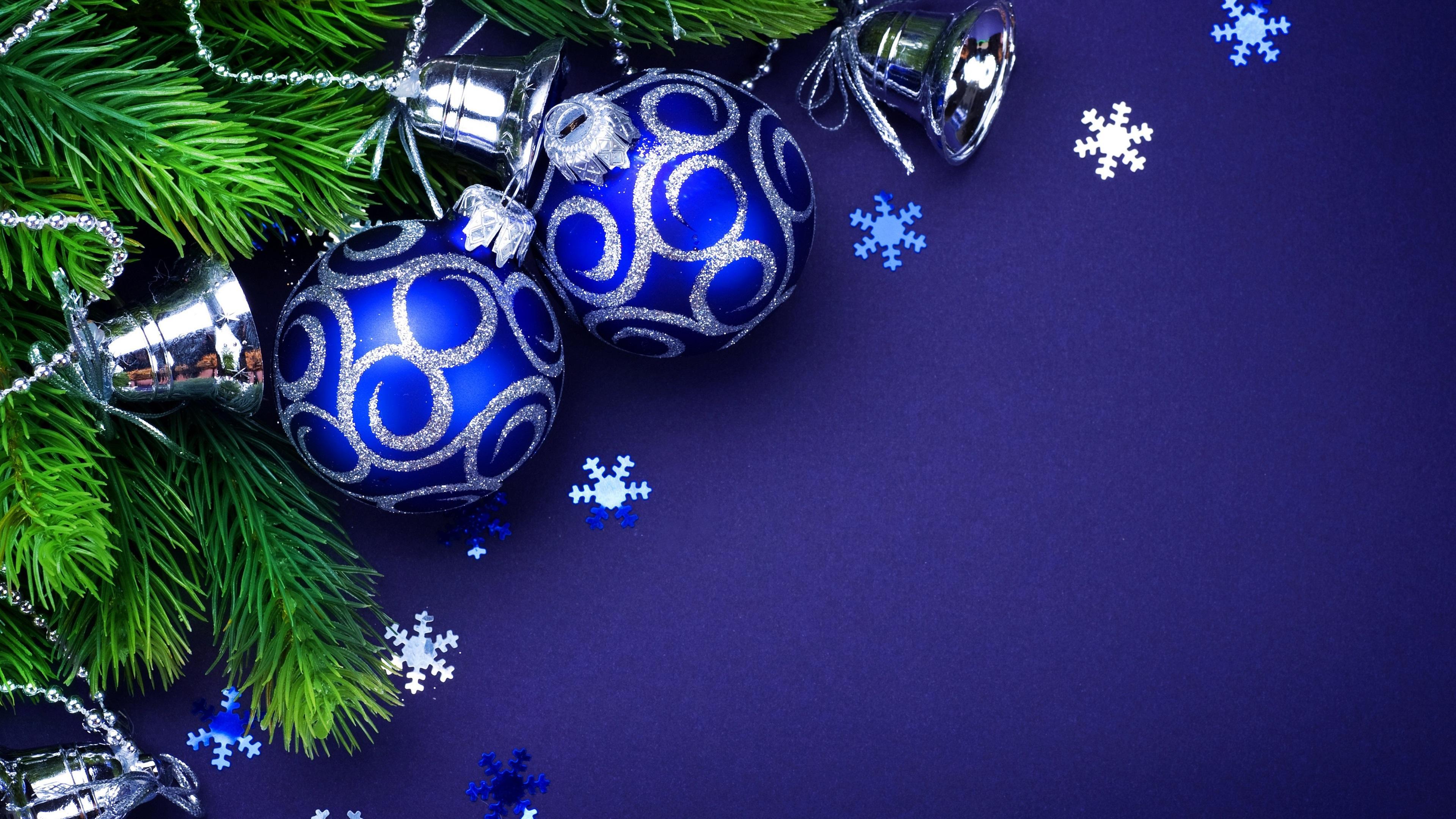 Wallpaper Blue Christmas balls, twigs, bells 3840x2160 UHD