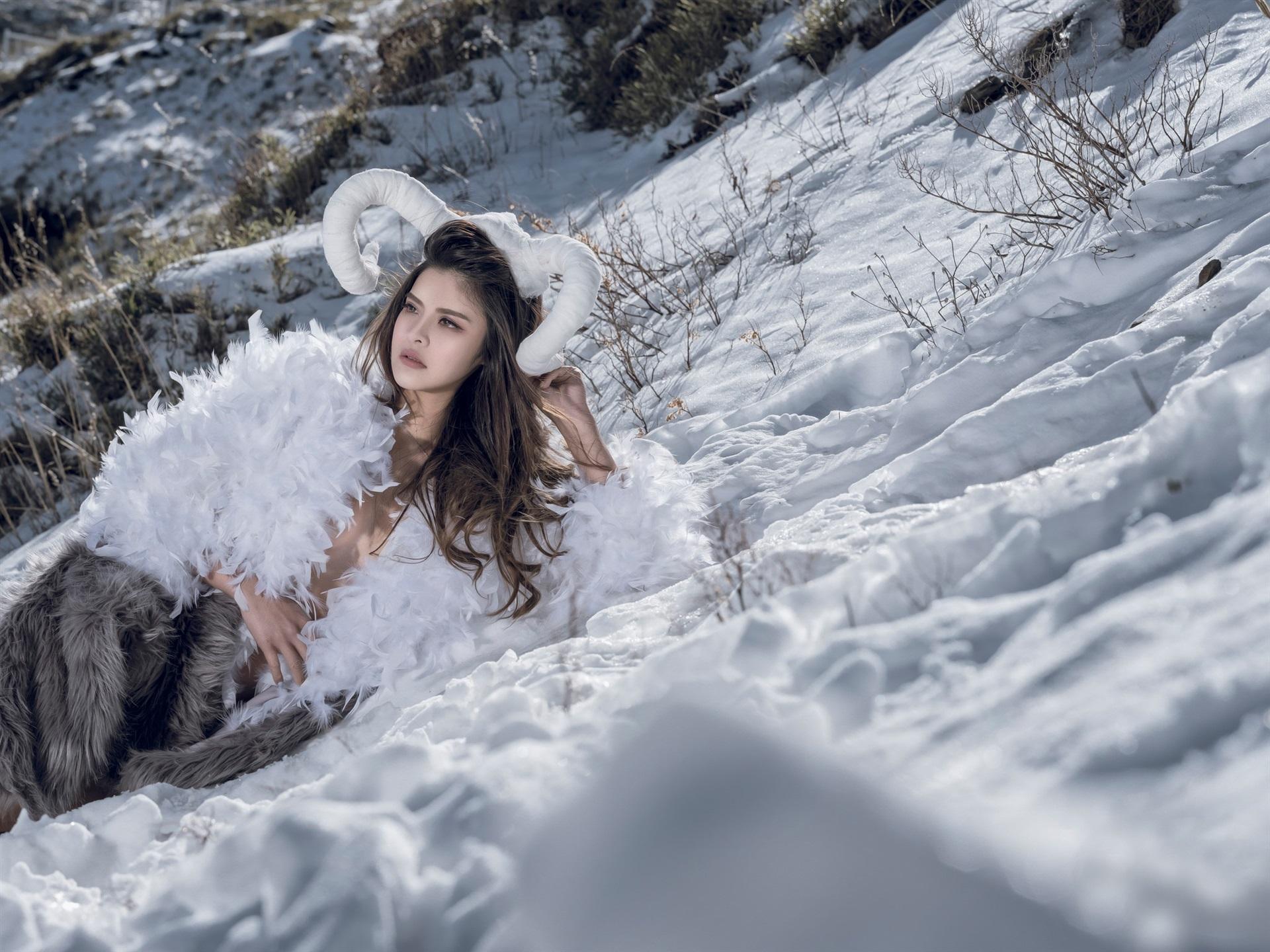 Wallpaper White feathers dress girl, snow, winter, art