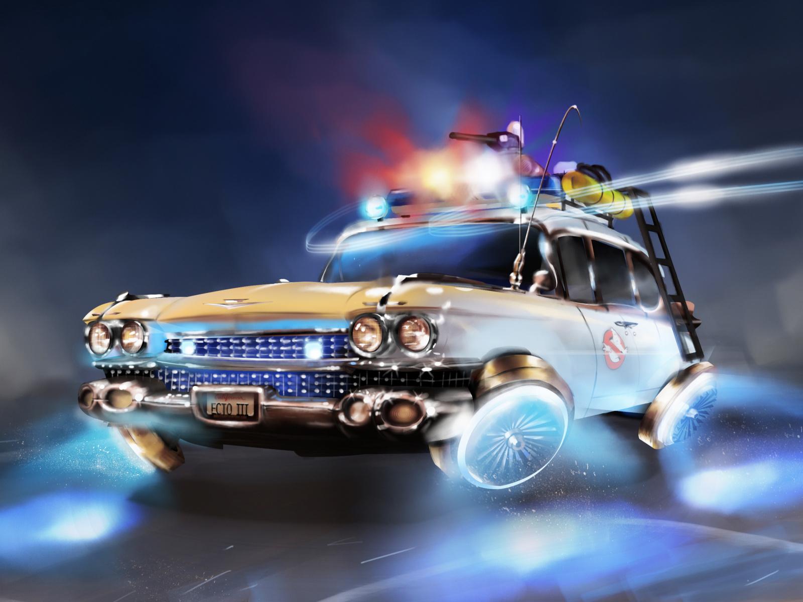 Download 1600x1200 wallpaper ghostbusters, flying car