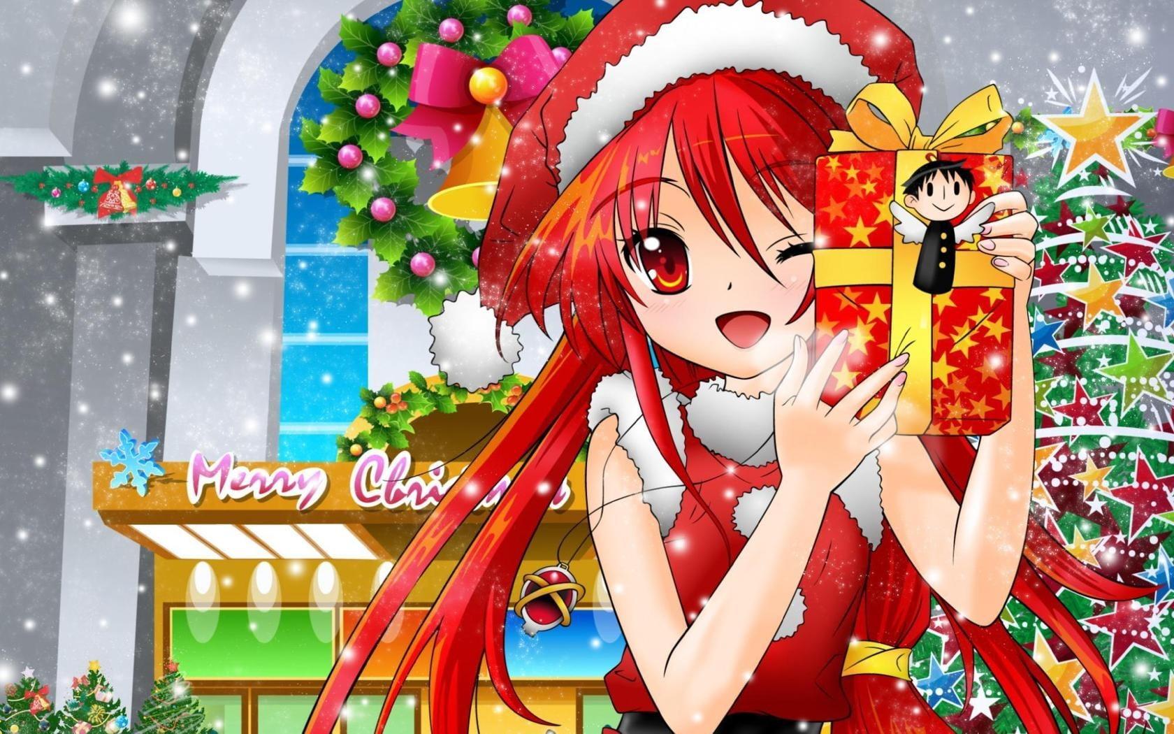 Merry Christmas anime character holding gift box HD wallpaper